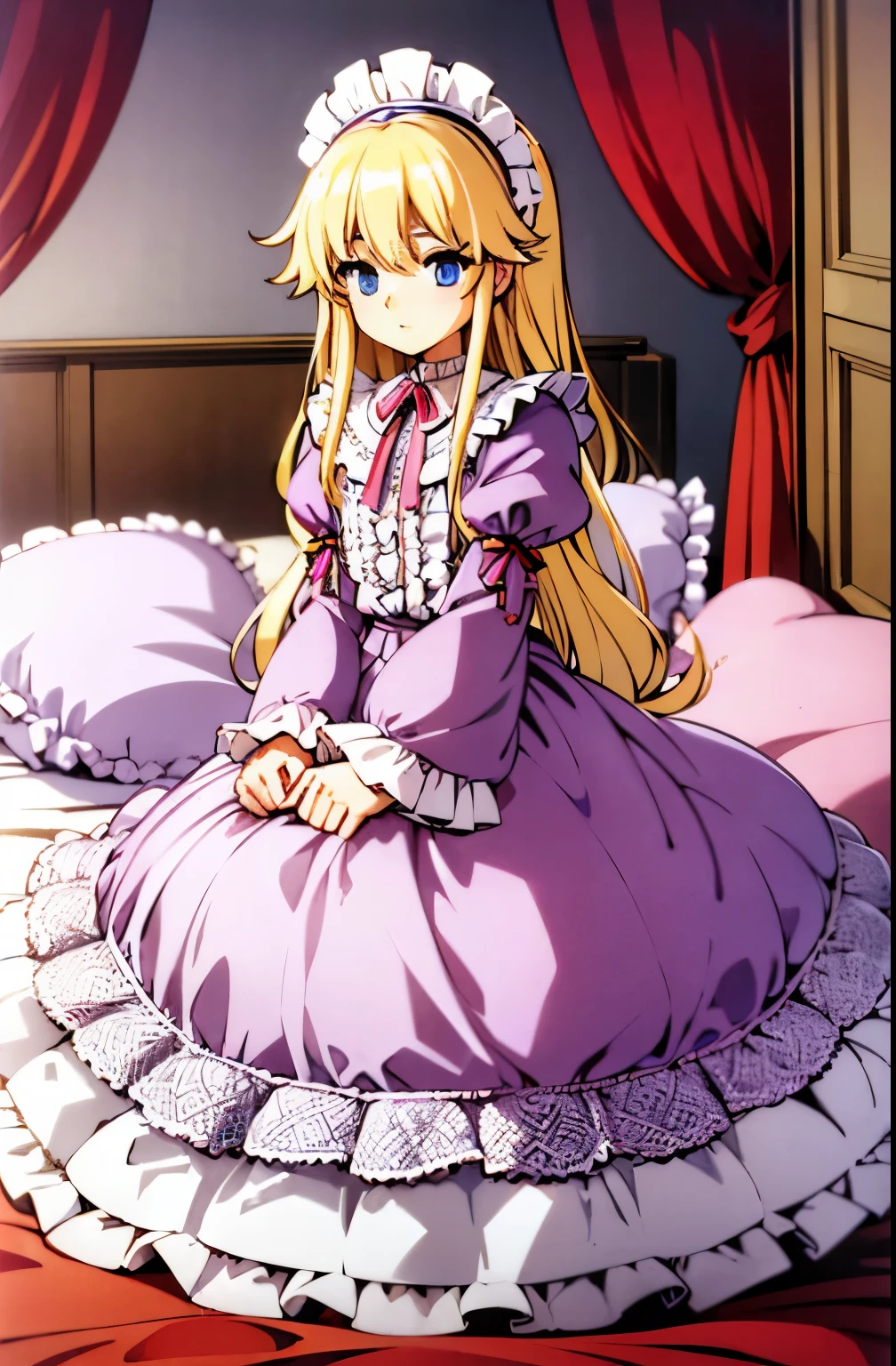 ,highest quality, masterpiece, highest resolution, artwork, super それにget used to it, many get used to it, get used to it, それにget used to it, 3K anime illustration,(( girl)),Super detailed baby face,hty small face,long blonde hair that grows to the waist,blue eyes,白い肌のeuropean,pajamas, european,(((super long blonde hair))),curly hair,blue eyes,((((ピンクのロリータファッションのlong skirtのワンピースドレス)))),((Pink dress with lots of frills and ribbons)),((Luxurious headdress with frills and ribbons)),detailed headdress,,(((big yoke collar))),Yoke collar with ruffles and ribbons,((((long sleeve)))),ruffle sleeves,((((long skirt)))),white ruffle and lace socks,large frill and ribbon pillow,detailed costume,ピンクの贅沢なcanopy bedの上,canopy bed,The bed is surrounded by luxurious curtains,many frilly pillows on the bed,super detailed background,detailed bed,romantic atmosphere,soft pink comforter,soft ruffle pillow,Beautiful girl illustration,detailed beautiful face detailed hair,detailed human eye ,detailed mouth, arm details,fine hands,Detailed pillow,wide bed,Illustration on the bed, ,((((round futon)))),((((A large ruffled futon that covers the entire bed)))),detailed comforter,detailed bedシーツ,