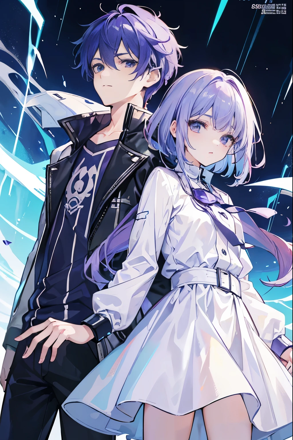 novel cover, (((A boy))), (((A girl))), adult, ((The girl has long purple hair)), ((Boy's hair is short blue hair)), Half body, (The girl's outfit is a nice dress), (Boy's Outfit White Open Trench Coat, Wearing a light blue T-shirt with a thunderbolt logo underneath), Boys in the front, girls in the back, anime style, UHD, 1080P, high quality, best quality