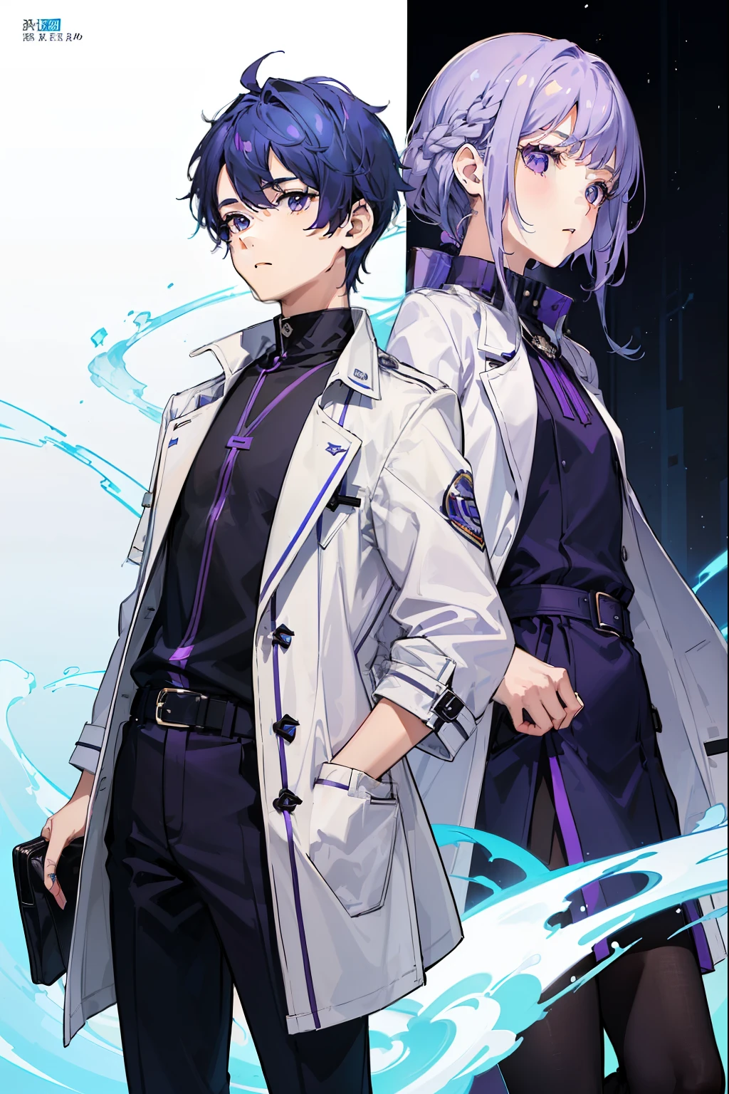 novel cover, (((A boy))), (((A girl))), adult, ((Girl's hair is purple hair)), ((boy with blue hair)), Half body, (The girl's outfit is a nice dress), (Boy's Outfit White Open Trench Coat, Wearing a light blue T-shirt with a thunderbolt logo underneath), purple hair, purple hair