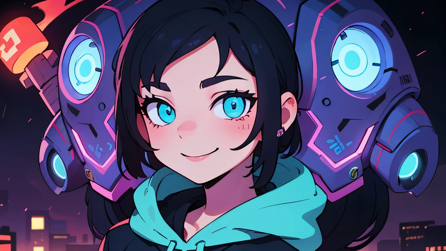 ((best quality)), ((masterpiece)), (detailed), perfect face, detailed background, masterpiece, best quality, smile, ornament, hoodie, portrait, blue neon, graffiti, dark, night, glowing eyes, blacklight
