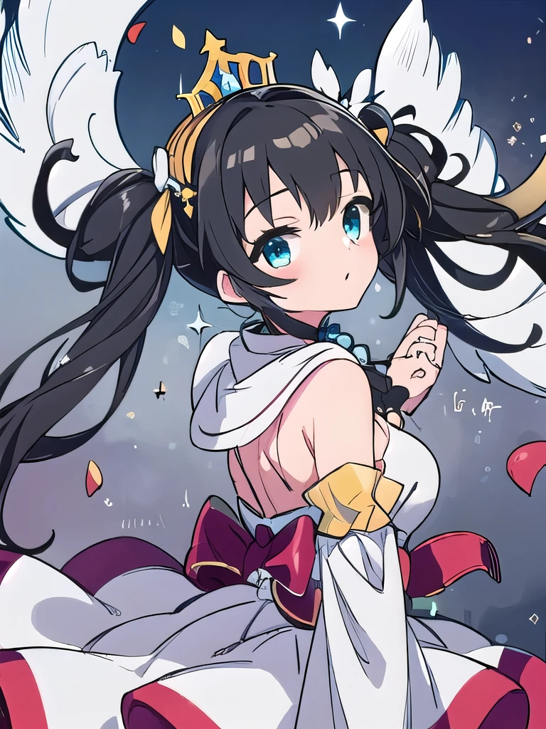 high resolution、High resolution、highest quality、masterpiece、ribbon twin tails、black hair、Eyes are red and empty、looking down on me、jet black wings on the back、She wears a princess-style tiara metal accessory.、There is a ring of angels on my head、That angel's ring is black、