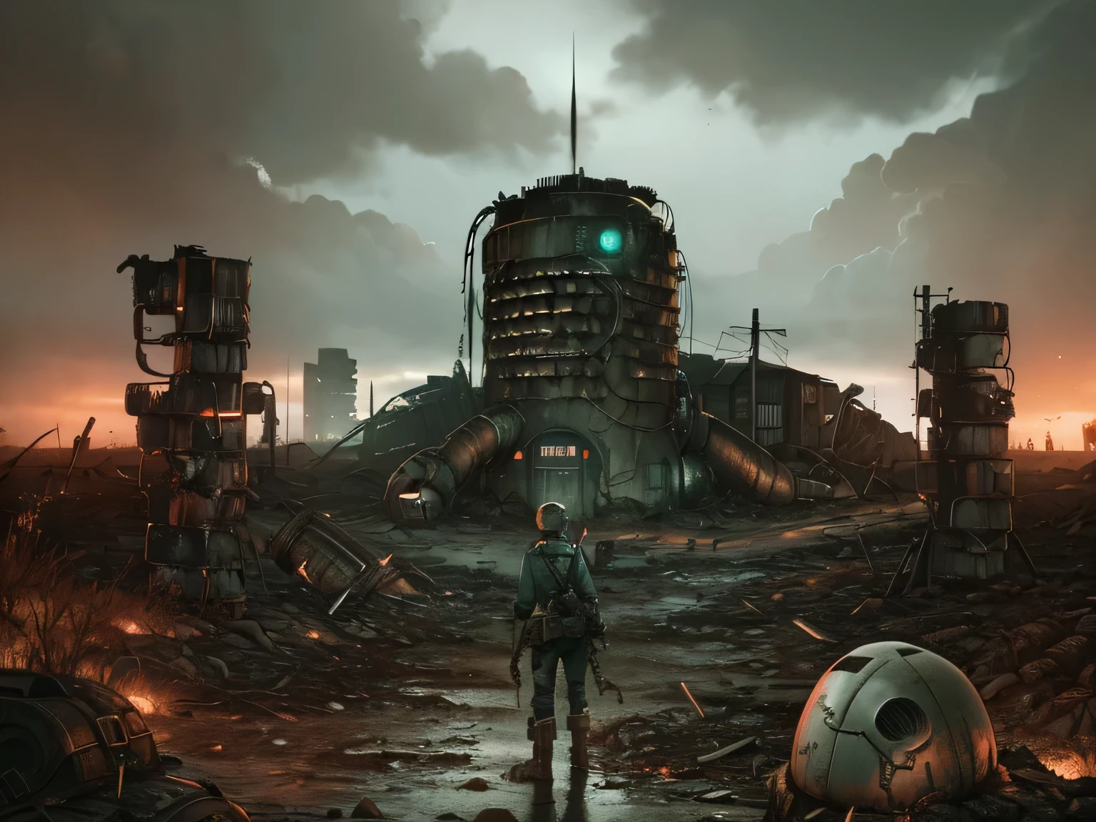 (((Fallout 4 game style))), ((Biopunk art of dark tentacles)), Biopunk girl, metal cassock, hopeless art, dark art, dystopian art, ((dark biopunk)), dark oily liquids, devastated environment, Gloomy landscapes, highly detailed art, very detailed background