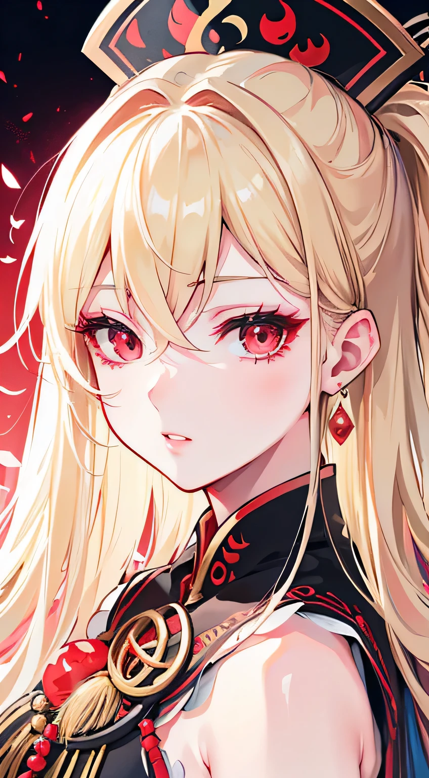 high resolution,super detailed,Beautiful and detailed eyes and face,red eyes,beautiful and delicate lips,long eyelashes,blond,Physically based rendering,illustration,Junko,eastern plan,beautiful breasts, bright colors,Luminous lighting