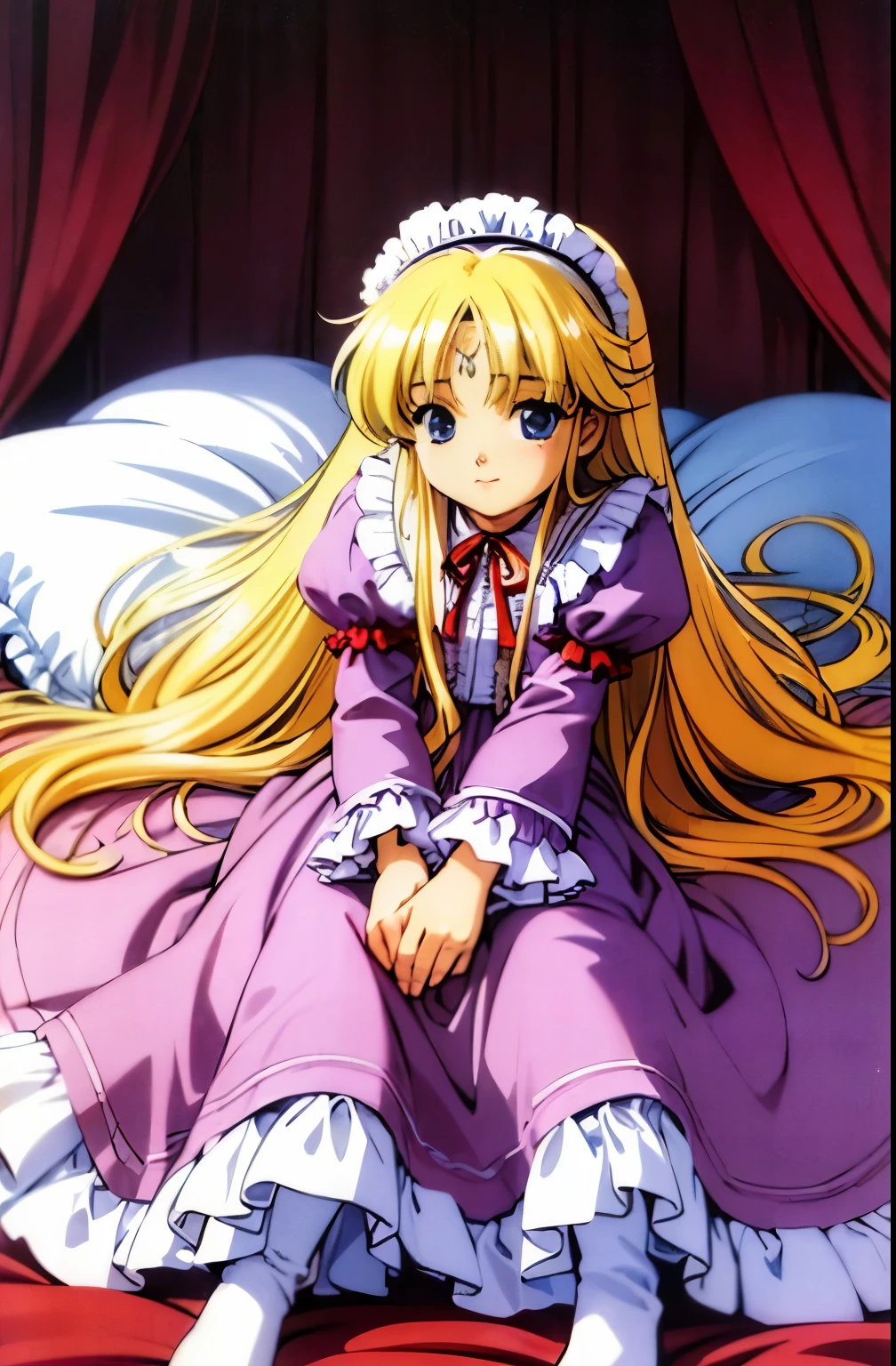 ,highest quality, masterpiece, highest resolution, artwork, super それにget used to it, many get used to it, get used to it, それにget used to it, 3K anime illustration,(( 10 year old girl)),Super detailed baby face,high quality small face,long blonde hair that grows to the waist,blue eyes,白い肌のeuropean,pajamas, european,(((super long blonde hair))),curly hair,blue eyes,((((ピンクのロリータファッションのlong skirtのワンピースドレス)))),((Pink dress with lots of frills and ribbons)),((Luxurious headdress with frills and ribbons)),detailed headdress,,(((big yoke collar))),Yoke collar with ruffles and ribbons,((((long sleeve)))),ruffle sleeves,((((long skirt)))),white ruffle and lace socks,large frill and ribbon pillow,detailed costume,ピンクの贅沢なcanopy bedの上,canopy bed,The bed is surrounded by luxurious curtains,many frilly pillows on the bed,super detailed background,detailed bed,romantic atmosphere,soft pink comforter,soft ruffle pillow,Beautiful girl illustration,detailed beautiful face detailed hair,detailed human eye ,detailed mouth, arm details,fine hands,Detailed pillow,wide bed,Illustration on the bed, ,((((round futon)))),((((A large ruffled futon that covers the entire bed)))),detailed comforter,detailed bedシーツ,
