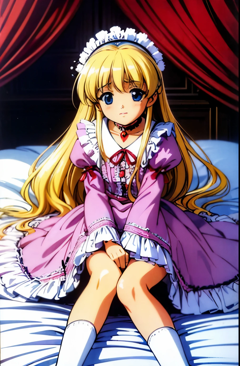 ,highest quality, masterpiece, highest resolution, artwork, super それにget used to it, many get used to it, get used to it, それにget used to it, 3K anime illustration,(( 10 year old girl)),Super detailed baby face,high quality small face,long blonde hair that grows to the waist,blue eyes,白い肌のeuropean,pajamas, european,(((super long blonde hair))),curly hair,blue eyes,((((ピンクのロリータファッションのlong skirtのワンピースドレス)))),((Pink dress with lots of frills and ribbons)),((Luxurious headdress with frills and ribbons)),detailed headdress,,(((big yoke collar))),Yoke collar with ruffles and ribbons,((((long sleeve)))),ruffle sleeves,((((long skirt)))),white ruffle and lace socks,large frill and ribbon pillow,detailed costume,ピンクの贅沢なcanopy bedの上,canopy bed,The bed is surrounded by luxurious curtains,many frilly pillows on the bed,super detailed background,detailed bed,romantic atmosphere,soft pink comforter,soft ruffle pillow,Beautiful girl illustration,detailed beautiful face detailed hair,detailed human eye ,detailed mouth, arm details,fine hands,Detailed pillow,wide bed,Illustration on the bed, ,((((round futon)))),((((A large ruffled futon that covers the entire bed)))),detailed comforter,detailed bedシーツ,