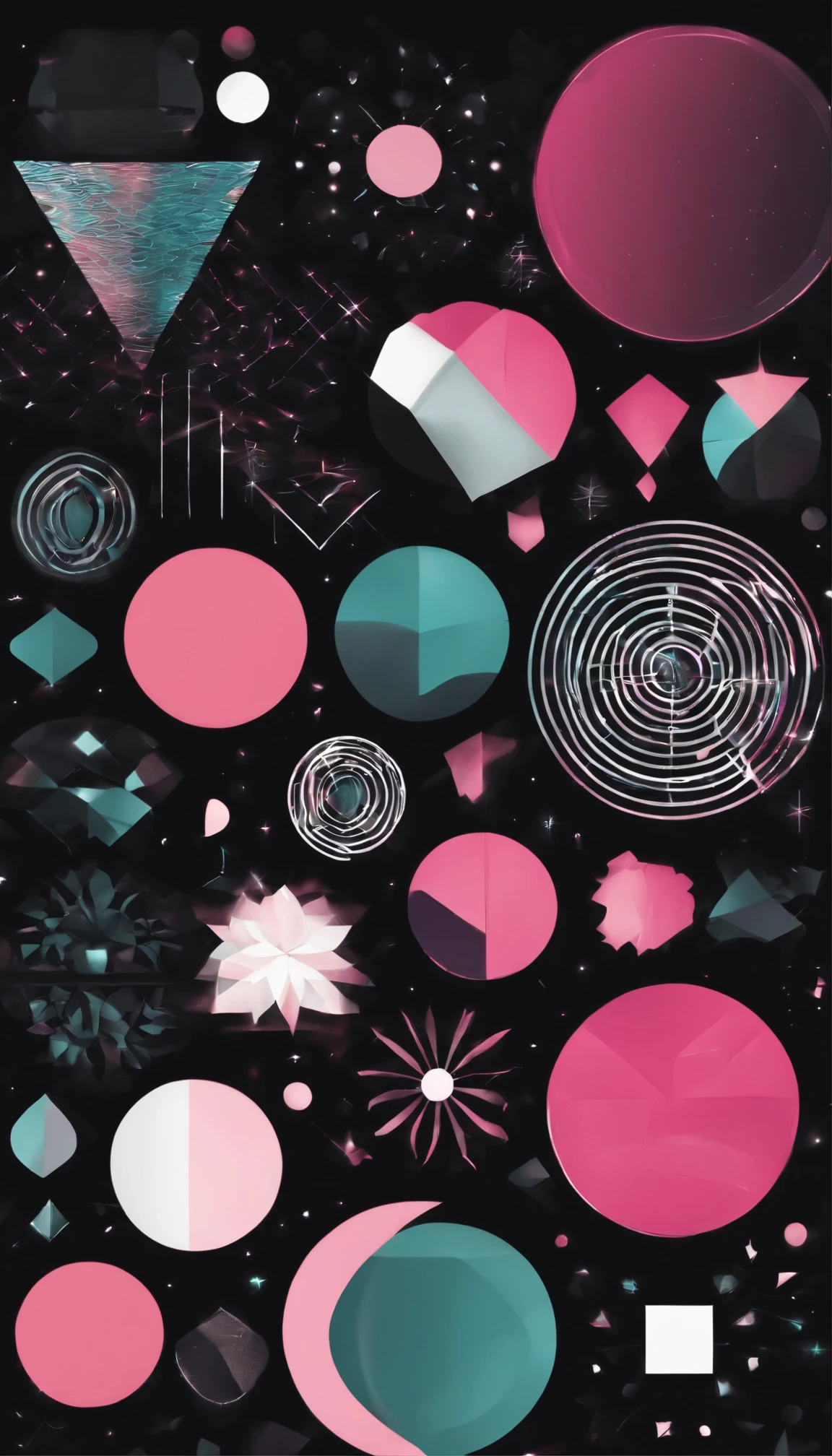 (best quality,highres),abstract on black background,geometric stickers,minimalism with dark background,black stickers with pink accents, by d_.0._.o._.0._.o._.0._a. in the bottom left corner,no faces
