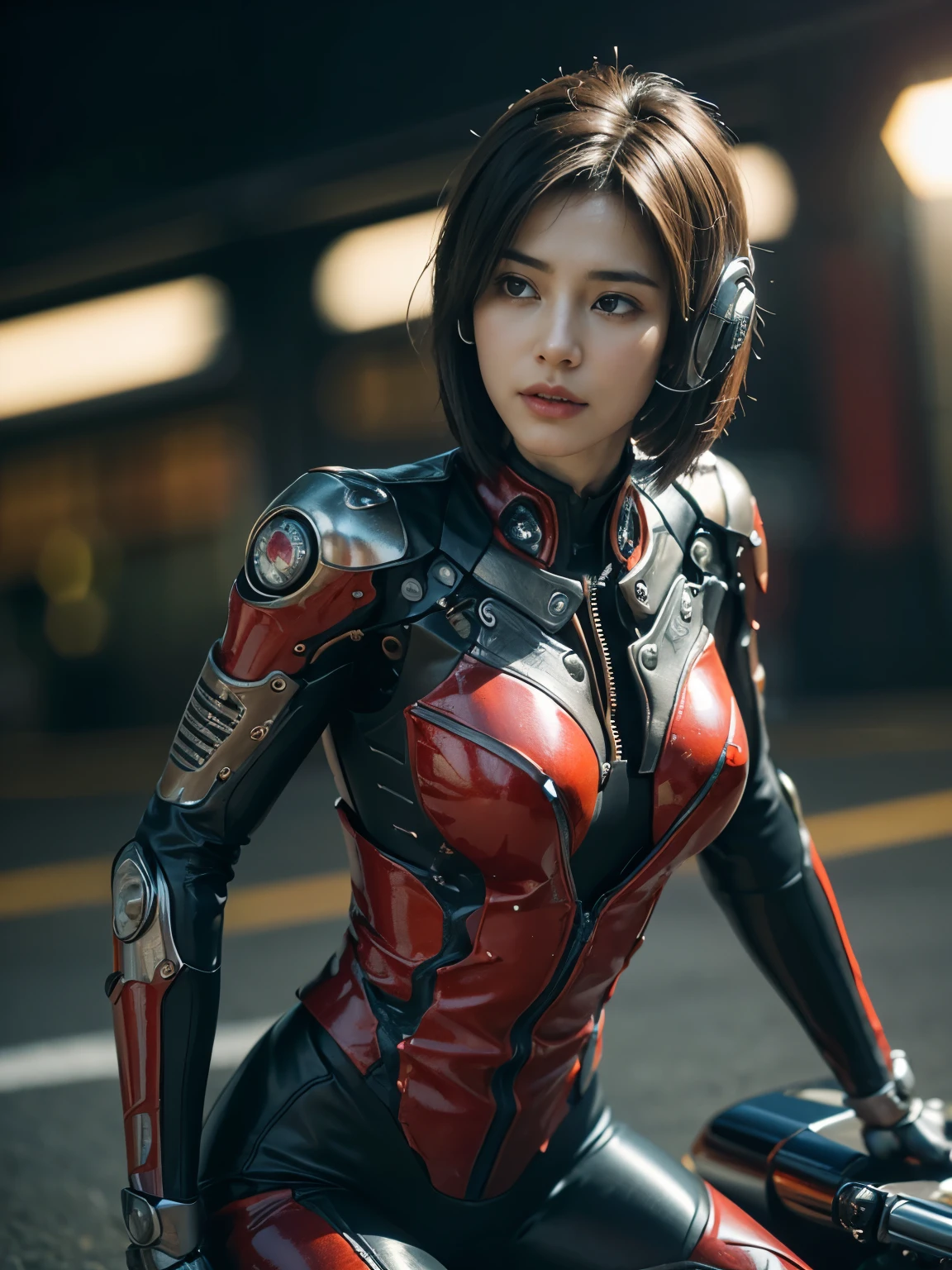 ((highest quality)), ((masterpiece)), ((Perfect Face))、((Detailed Motorcycle))、Detailed and clear photos、((Cyborg Woman))、((Pink long sleeve riding jacket and leather pants))、((Riding on motorcycle))、((cybernetics))、Slender body、((Woman with a mechanical body))、Communication Headset、(((Steel Fingers)))、(((The body is mechanized)))、Full Body Shot、The background is a futuristic city、smile、(Big eyes and a beautiful face),The whole body is slightly soot-stained..,Sexy clothing that reveals skin、Sexy pose