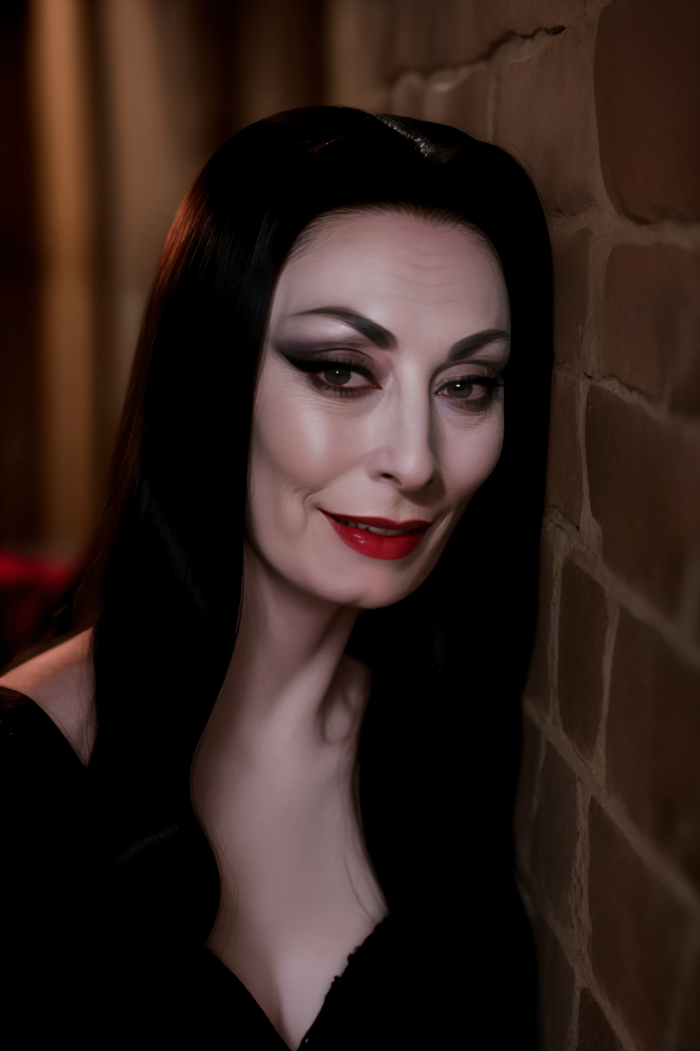 Morticia,
displayed,sony a7,photo,8k wallpaper,beautiful eyes, Zooming out, teasing smile,   in prison,   Rembrandt lighting, 
