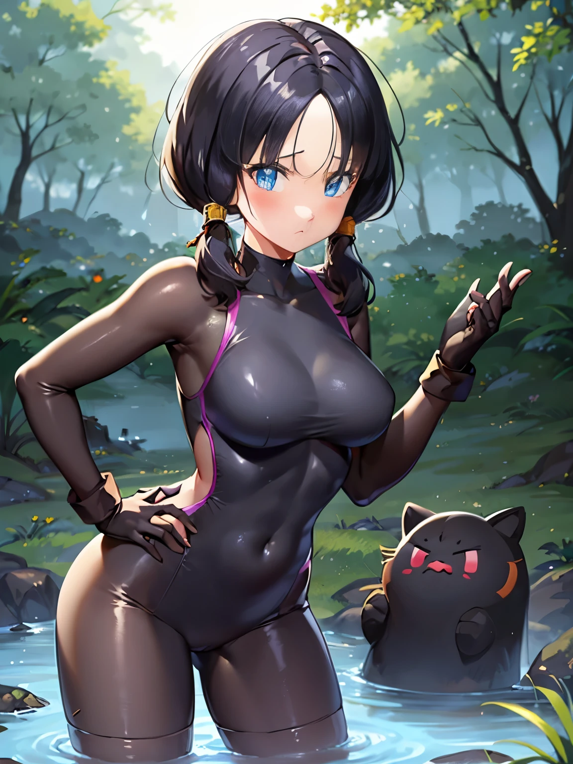 masterpiece, highest quality, High resolution, girl,saw 2, blue eyes, black hair, Low twintails and short cut, medium breasts, frown,blush, girl1名,  Black tight suit,streak,place both hands on hips, looking at the viewer。black quagmire,Wandering in the swamp