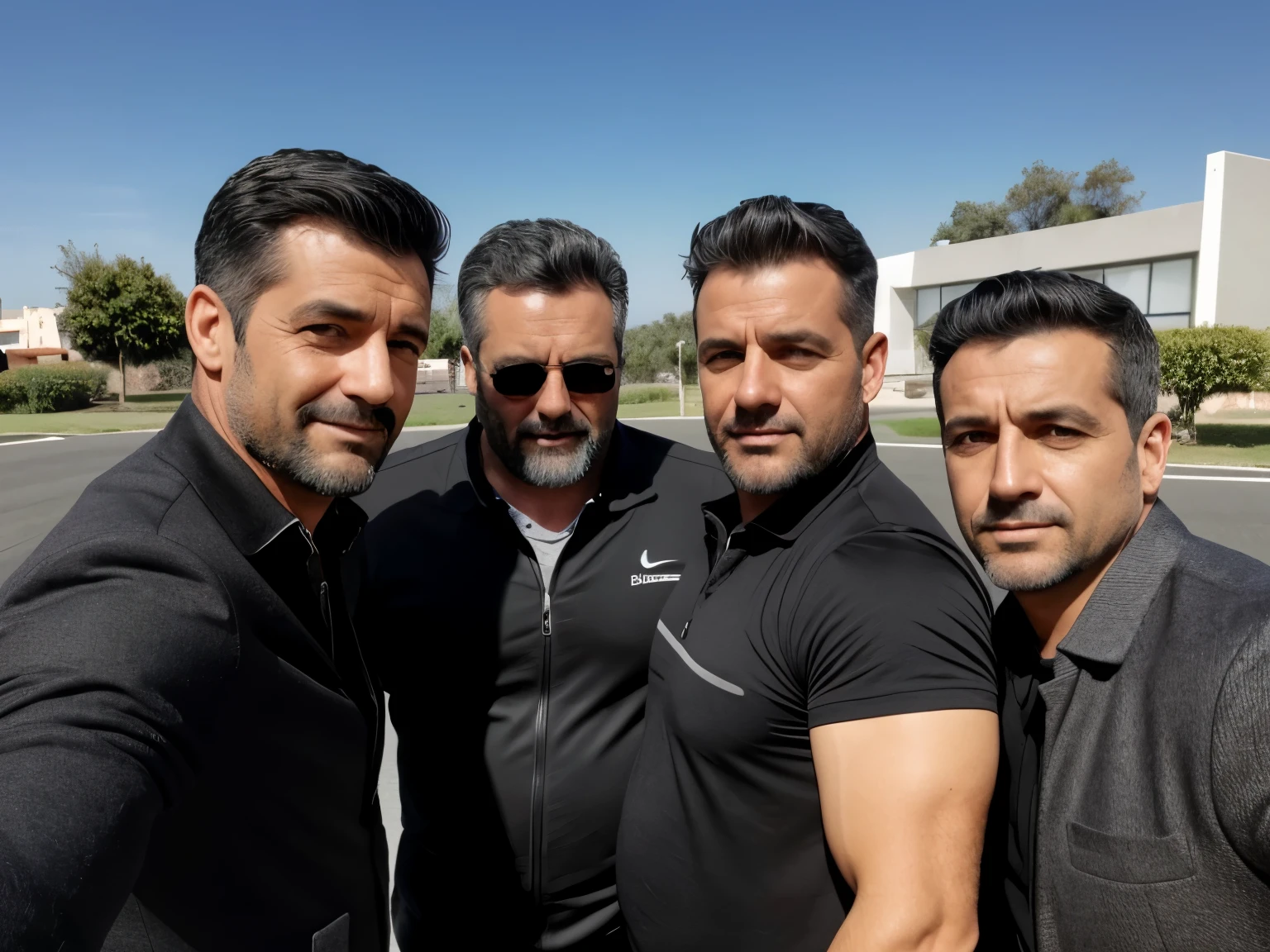 a men,40 years old , father, grey black white clothes , spanish, ugly, 2 of 4 are all body see , 2 of 4 don't see face , not look photoshop , phone's photo, 2 seflie , alone , ugly men , fat , alone in the photo , don't have friend , don't see face ,
