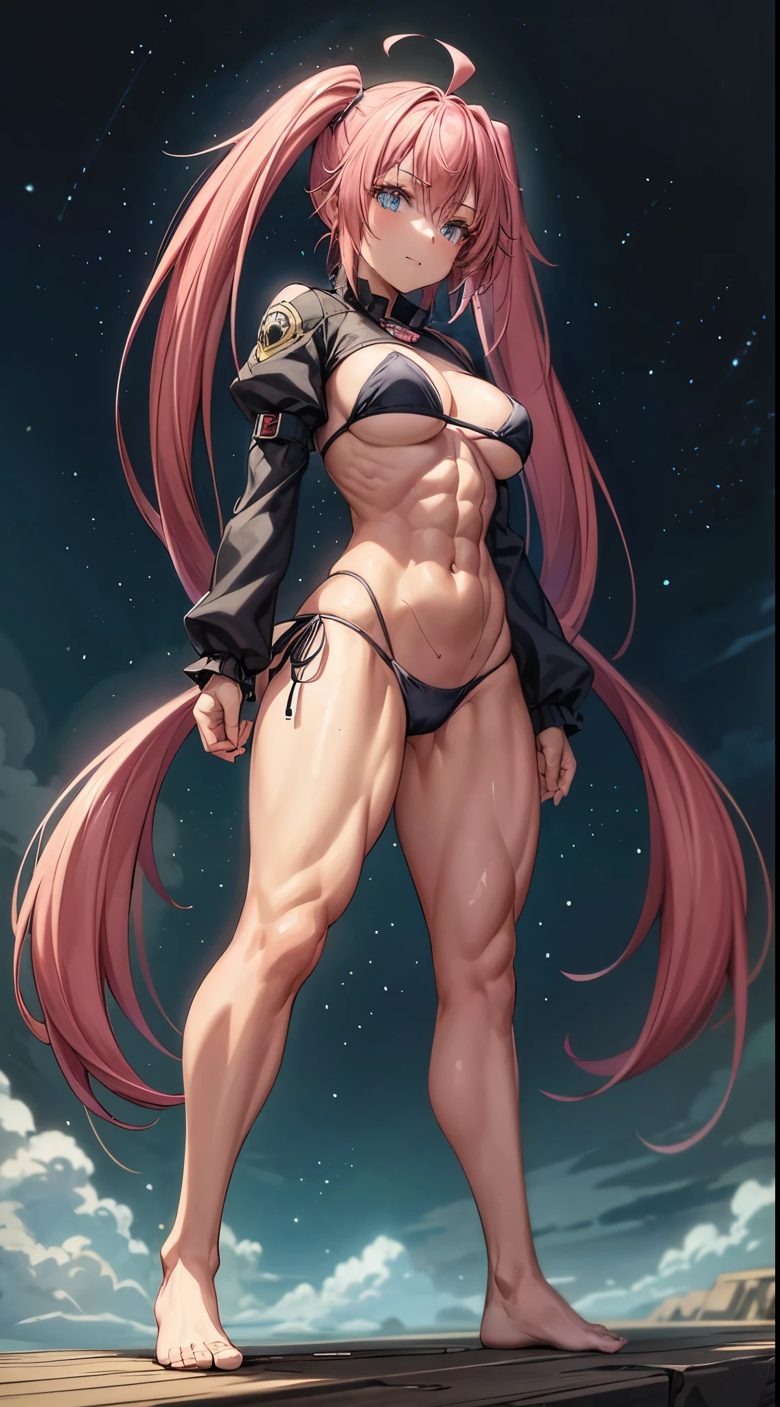 1 girl, (medium breasts))), (((wearing short bikini))), (Long pink hair), (((blue eyes))), thin arms, (on the beach at night with starry sky and full moon blood), (thin waist), (((muscular legs))), muscular belly, barefoot, (((showing me his big ass))), (full body photo), (twintails), long eyes, eye reflex , Bad mood, anime, anime style, ray tracing, reflection, drop shadow, panorama, Sony FE, 8K, UDisk, artwork, Accurate, anatomically correct, Super detail, best quality, ultra-high resolution, Hard drive, 16K