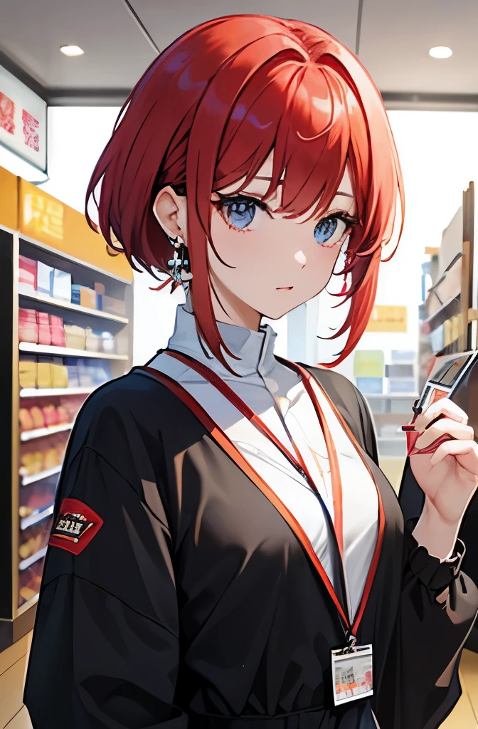 8K, best quality, master piece, ultra-detailed, Super Short Hair、pale red hair、Straight Hair、、double eyelid eyes circle earrings、、small breasts、Convenience store capacity、Convenience store uniforms、convenience store cash register