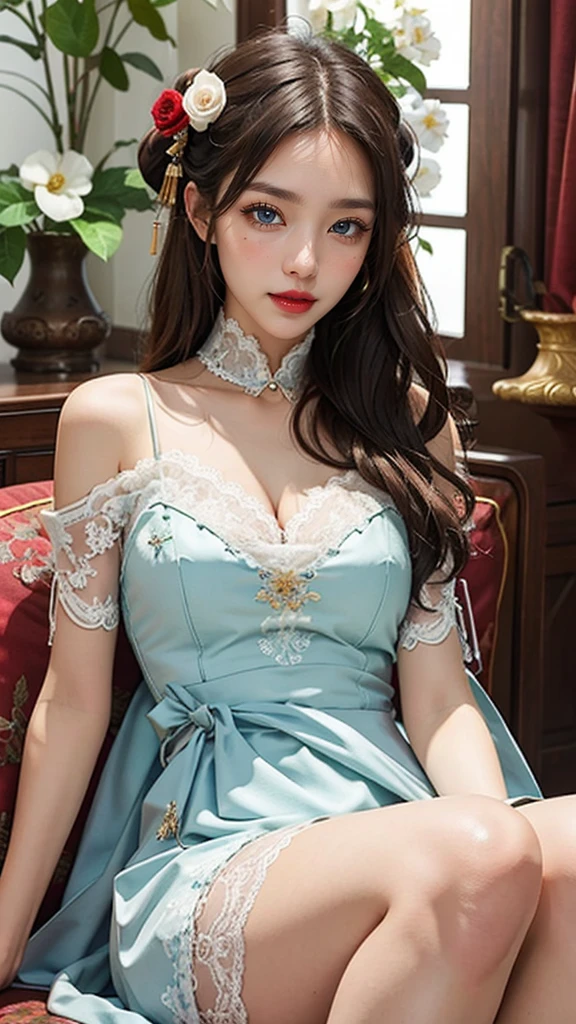 Masterpiece, 1 Girl, Beautiful Face A Chinese-inspired dress featuring lace elements at the neckline and cuffs, a traditional moire pattern, details including pleats, embroidery and beads. The fabric is silk and crepe, knee-length or long, with bows or flowers at the waist or neckline