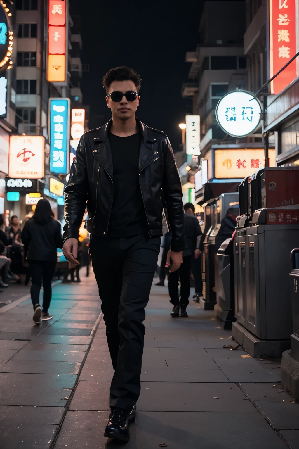 A stylish man walks on the Shanghai Bund, filled with warm neon lights and animated city signs. He was wearing a black leather jacket and black leather shoes. He wears black sunglasses. He walks confidently and casually, creating a mirror effect under the illumination of colored lights. Many pedestrians were walking around.