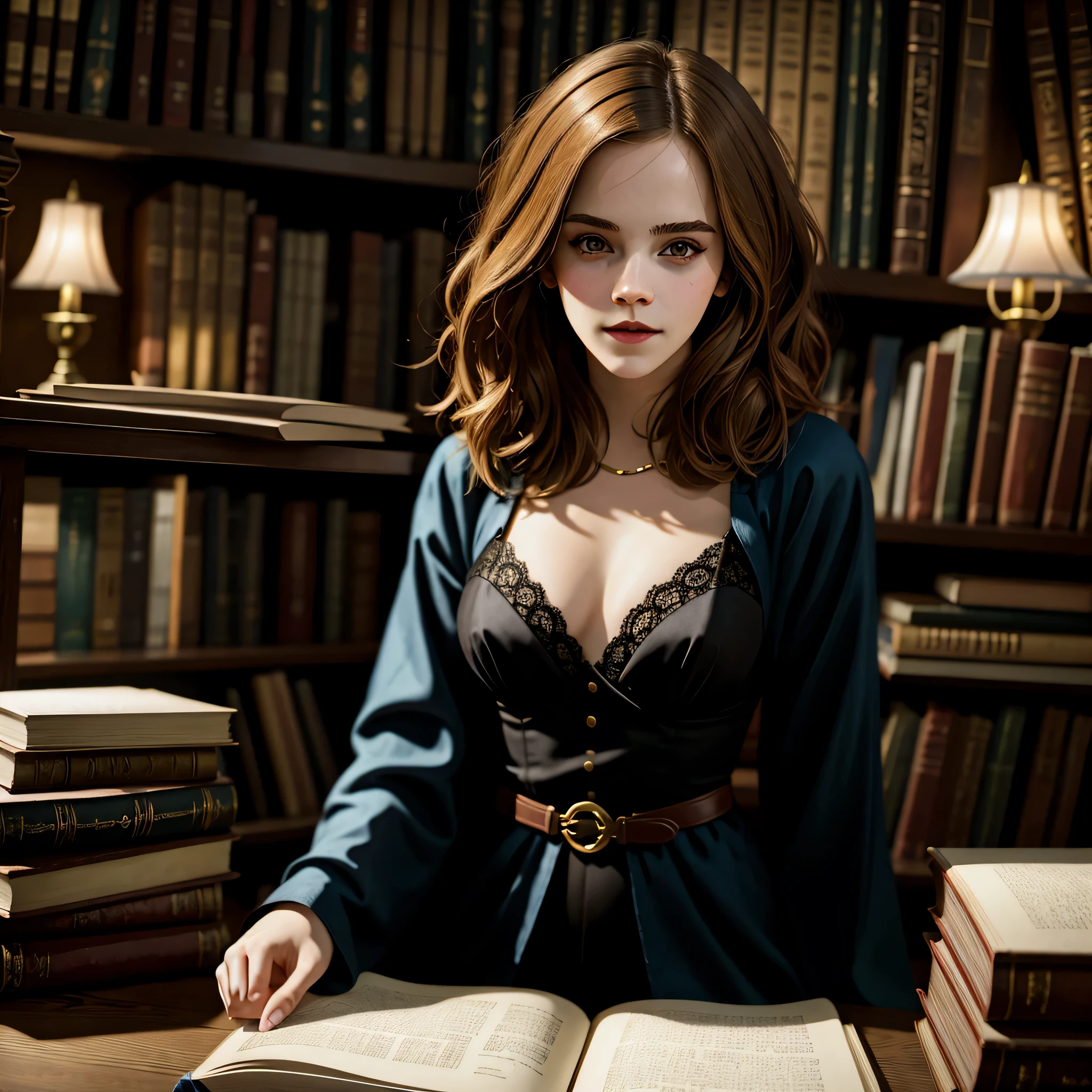 Emma Watson, sexy prostitute outfits, studies in the Hogwarts library, sitting at a table in front of a pile of books, short wavy hair, instagram pose, full body, complex, seductress, smiling, small breasts, at night, Highly detailed, digital painting, ArtStation, Concept art, smooth, sharp focus, illustration, Illustration by Wlop, Charlie Bowater and Alexandra Fomina