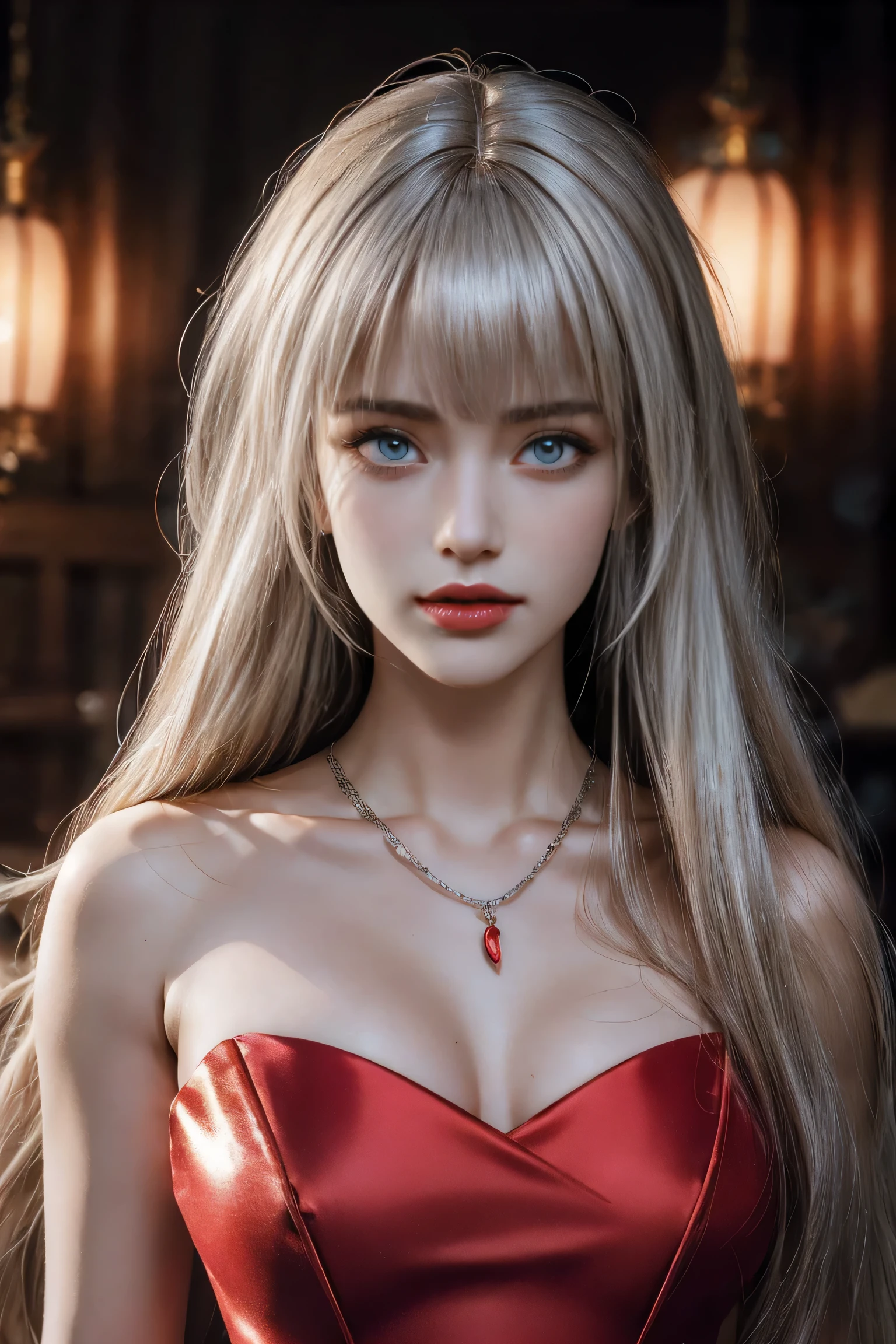 best work,Super high quality work,4k:2.0,ultra high definition,8K high-definition CG production,High quality graphics,3D high-definition CG photos,Ultra high pixels,Super exquisite:1.1,technical details:1.1,室内灯Light effect果:1.1,Natural dimming,Light effect,Ultra high resolution large files,fashion clothing photos,Exquisite and sexy woman,A mature and sexy woman,Royal sister temperament,Characteristics of European and American women,mixed race beauty,Temperamental type goddess,silver hair,She has long white and silver hair,clear hair,Careful hair texture(Premium hair details:1.1)Beautiful and delicate eyebrows and eyelashes,big eyes,light red eyes,sexy red lips,perfect lip shape,clear skin texture,hydrated skin(Advanced facial details:1.1)The face of a perfect goddess,perfect body shape,top supermodel,devilish figure,Hips raised,man's waist is very thin,long legs,(Advanced skin details:1.1),Smooth,Wear evening gown,bright red dress, ((glow dress:1.5))sequin evening dress,dress dress,silk scarf,lace dress(Premium lace details:1.1)bright red,High heel,livestock,Wear jewelry,ear nipple ring,necklace,bracelet,Eat dinner,full-body shot,Costume Art Photos,high quality work