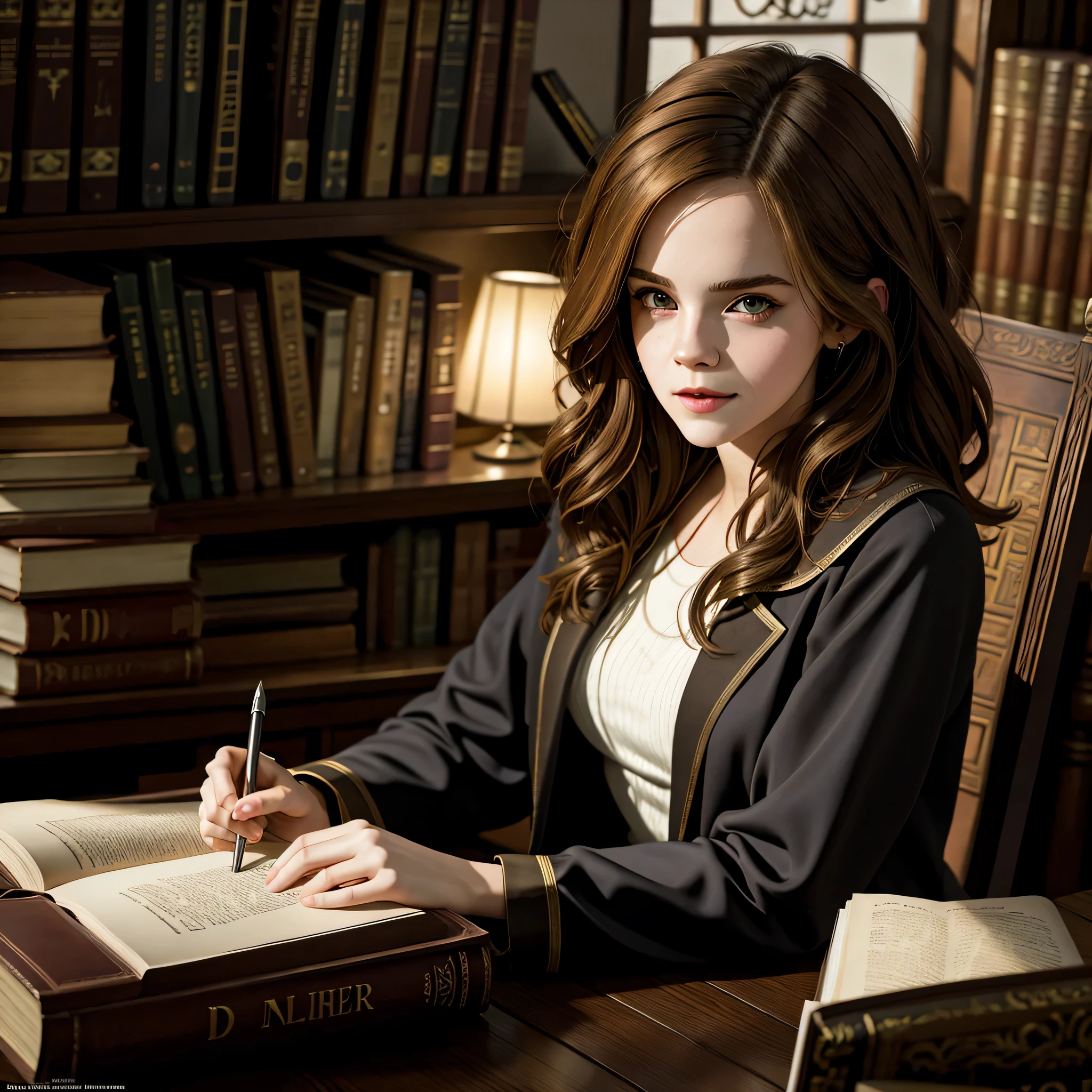 Emma Watson, sexy Hogwarts uniform, studies in the Hogwarts library, sitting at a table in front of a pile of books, short wavy hair, instagram pose, full body, complex, seductress, smiling, small breasts, at night, Highly detailed, digital painting, ArtStation, Concept art, smooth, sharp focus, illustration, Illustration by Wlop, Charlie Bowater and Alexandra Fomina