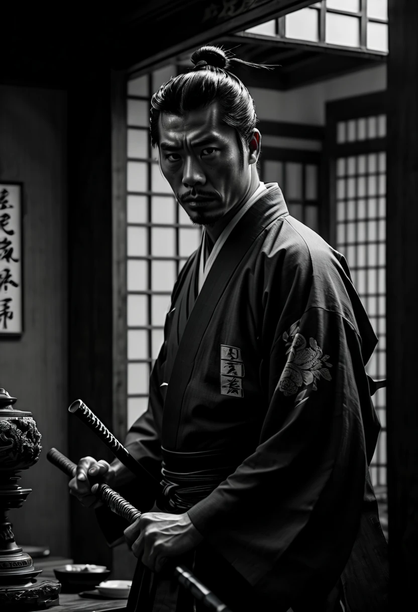 1950s film, arcane samurai. Captured on a 35mm camera, black and white, classic film  film, (best quality, masterpiece, Representative work, official art, Professional, Ultra intricate detailed, 8k:1.3)