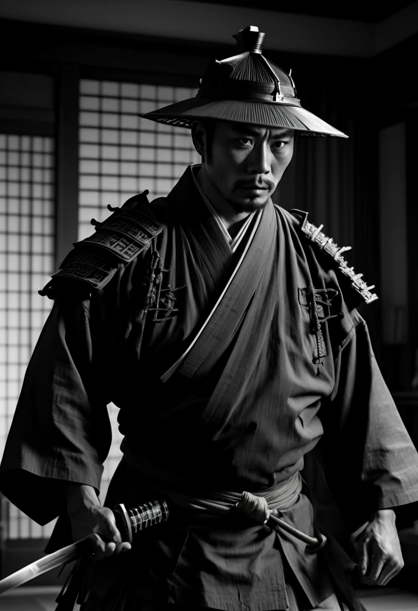 1950s film, arcane samurai. Captured on a 35mm camera, black and white, classic film noir film, (best quality, masterpiece, Representative work, official art, Professional, Ultra intricate detailed, 8k:1.3)