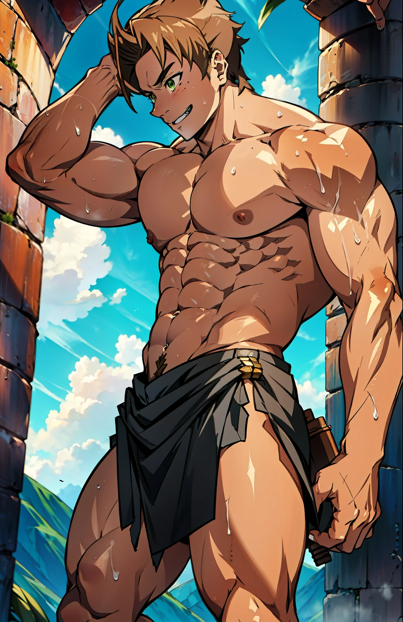 Showing off his muscular muscular back, red skin, bright red skin, the boy blushed shyly , rosy skin, shiny skin(muscular thigh muscles )( anime style, art) (photo angle from bottom up) (photo angle from the ground upwards) [Anime photo][highest quality photo][4k,HD photo quality ] wear tight and short loincloths , bulging loincloths, torn loincloths, wet loincloths, ancient, dirty loincloths (muscular thigh muscles, firm thigh muscles, muscular thigh muscles, sinewy thigh muscles, giant thigh muscles, strong leg muscles, muscular hamstring leg muscles)(thigh muscles bulging as if about to explode, muscular, calloused, sinewy, giant) , Rudeus Greyrat,fun, happy, huge body, muscular and muscular, bodybuilder, bodybuilding, standing, lots of sweat flowing down, topless, shirtless, hot sunny, 8 pack abs , short hair , green eyes,  Raise your arms high to reveal your armpits, Hands behind the head.