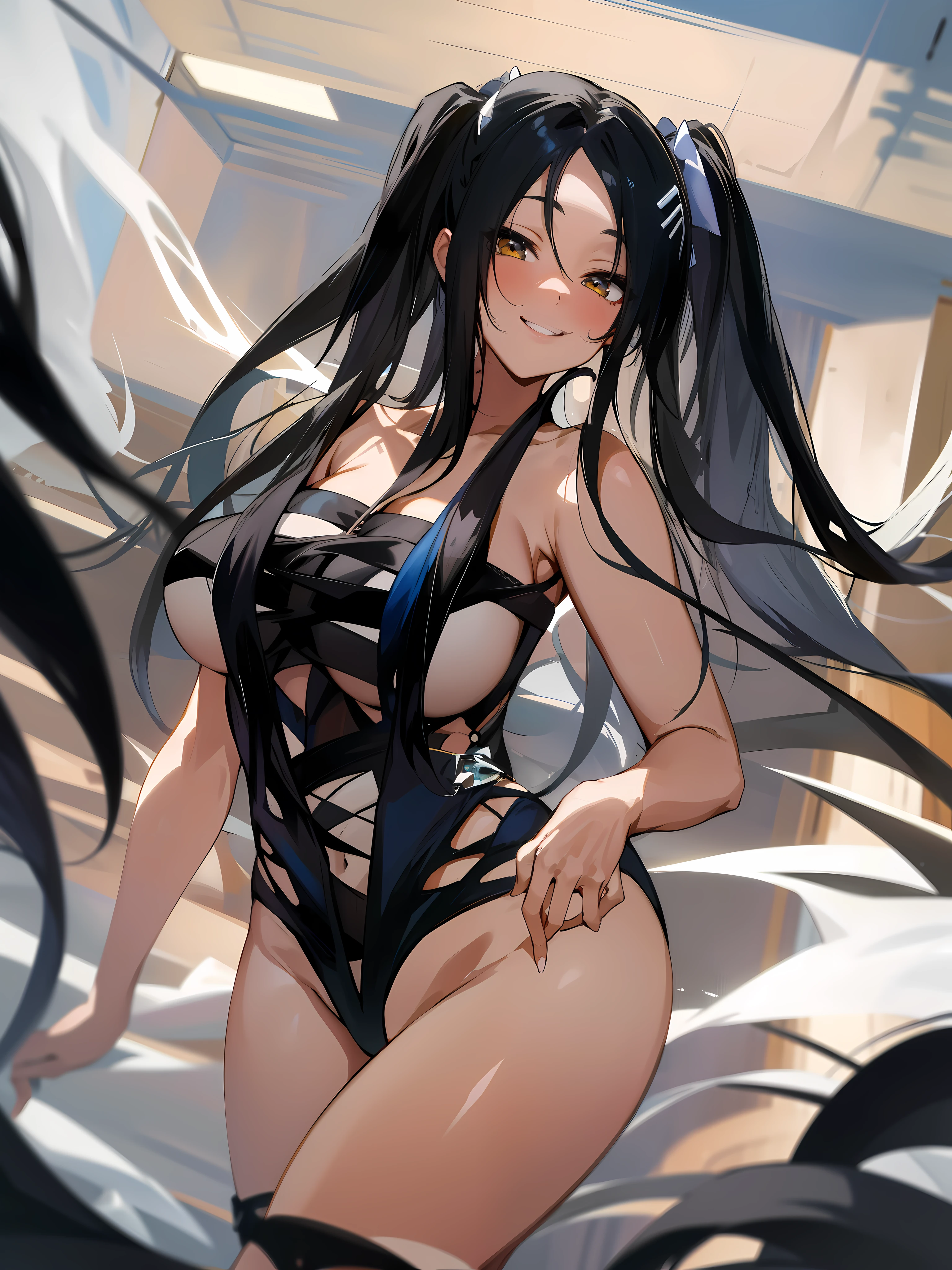 masterpiece,Top quality,A high resolution,1girll, two long tail, black hair, smile, black sexy dress ,anime, nude, sexy bikini, twintails hair, Middle part hair girl, looking viewer, thicc, H cup