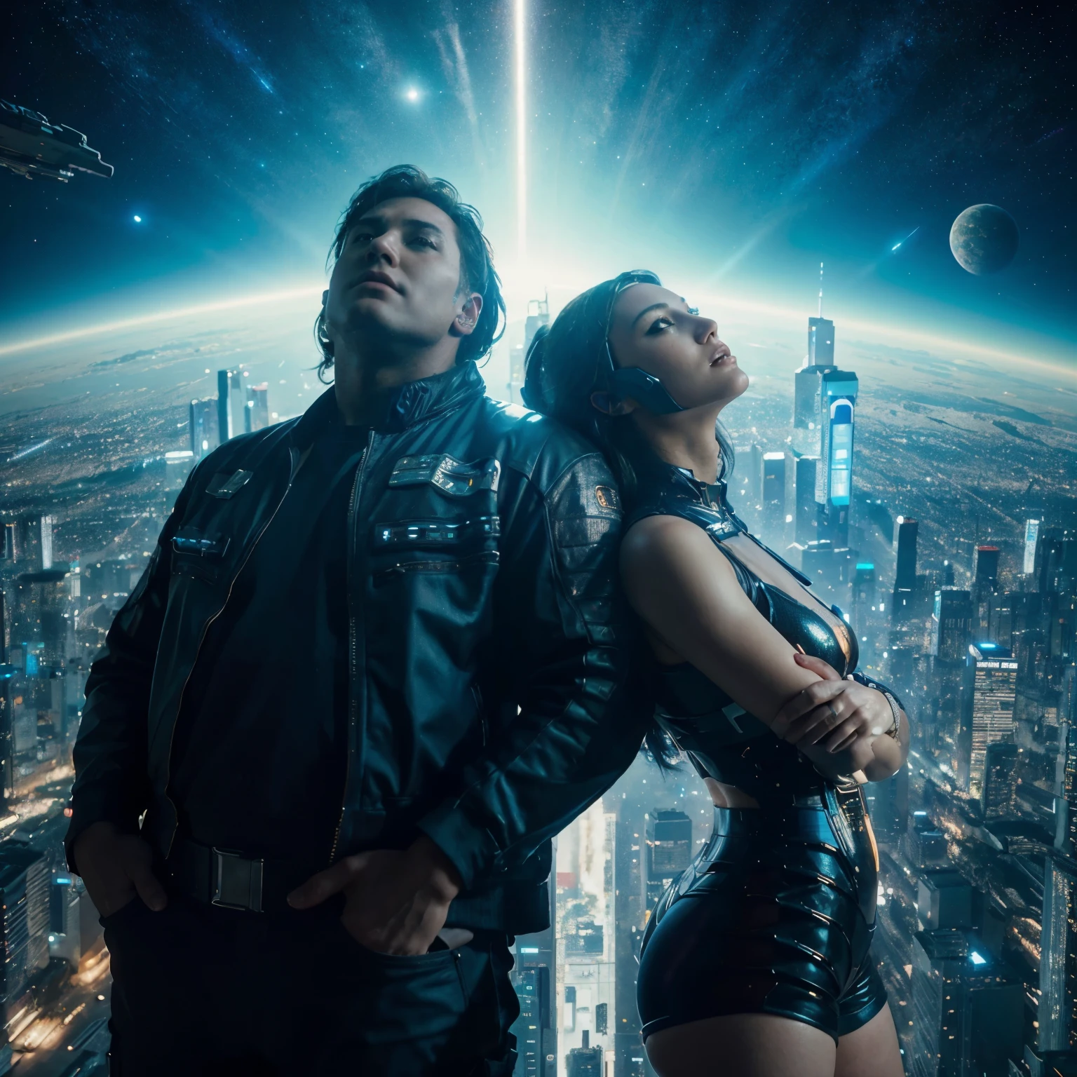 32k, Hyper Realistic, Cinematic scene, best romantic scene, looking up, facing foward, chubby man and slim woman standing lean each other in opposite directions cyberpunk theme, Earth and space as background, beautiful galaxy views, Hyper detailed faces, detailed eyes, detailed lips, detailed fingers, detailed environment, detailed cyberpunk theme