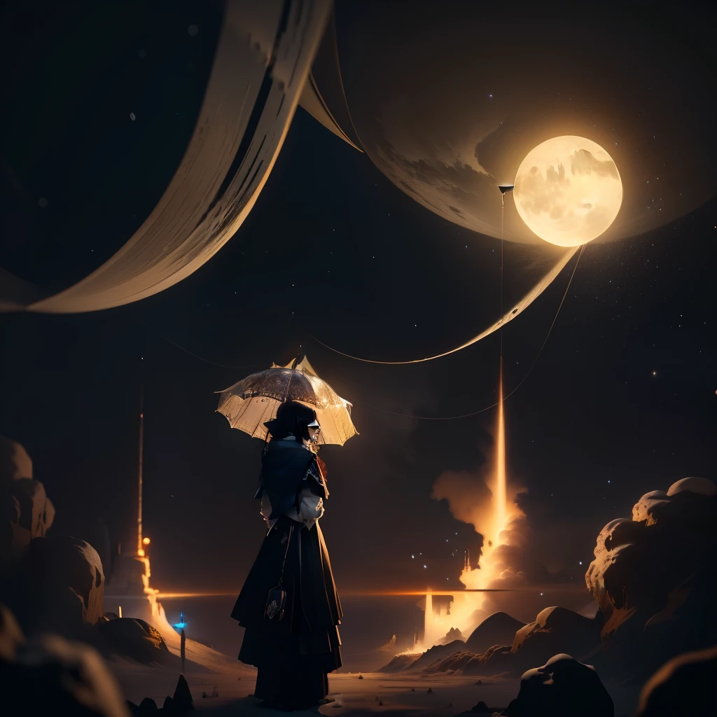 There was a woman standing in the snow with an umbrella, Fantastic atmosphere and drama, (octane rendering) fantasy style, Beautiful digital art work, anime art wallpaper 4k, Anime Art Wallpaper 4k, 4k highly detailed digital art, moonlight glow, anime art wallpaper 8k, guweiz style artwork, Dream-like atmosphere on a moonlit night