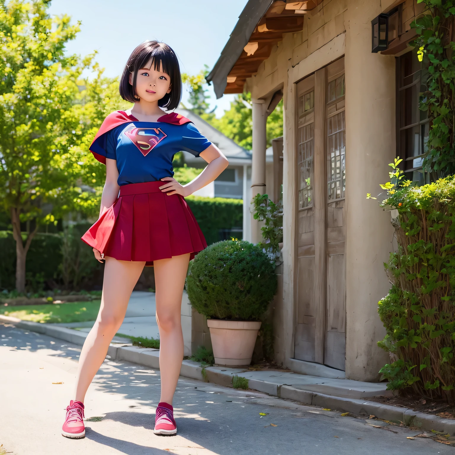 A is wearing Supergirl clothes..、realistic pictures、masterpiece、highest quality、Spreading black hair、bob cut with trimmed ends、(flat chest)、lolicon、red cloak、short sleeve、belly button、Many heart marks are emitted from the skirt..、sunny summer day、Poolside、(whole body)、smile、stand with hands on hips
