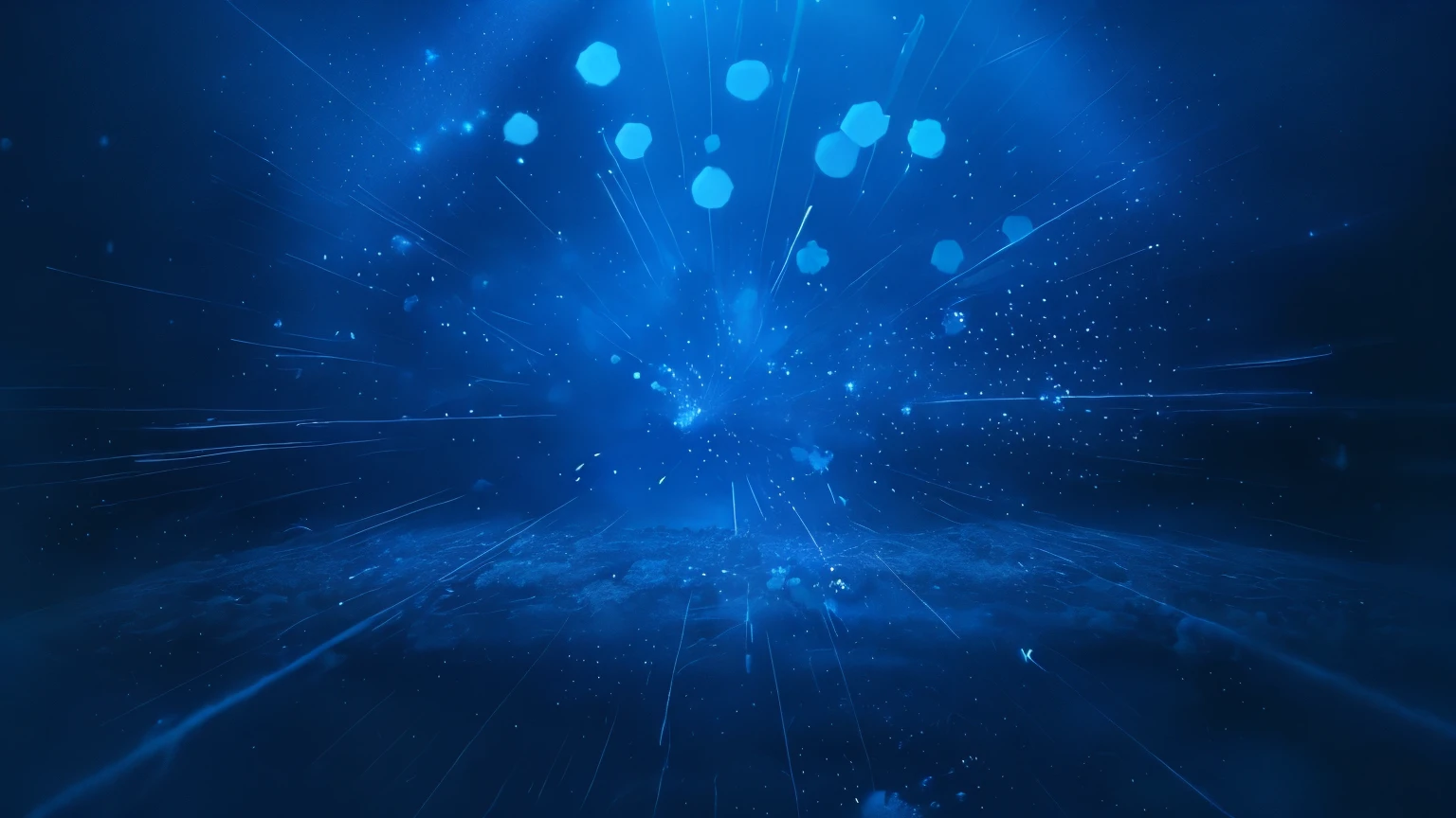 Blu-ray image with many dots, Blue particles, Data fragments explode, particles floating, Intricate sparkling atmosphere, particle explosion, particle light, bright blue room, Particles are flying, flying particles, glowing particles, Floating dust particles, particle simulation, particle lighting, by Kuno Wieber, floating particles, Granule disintegration, light particles
