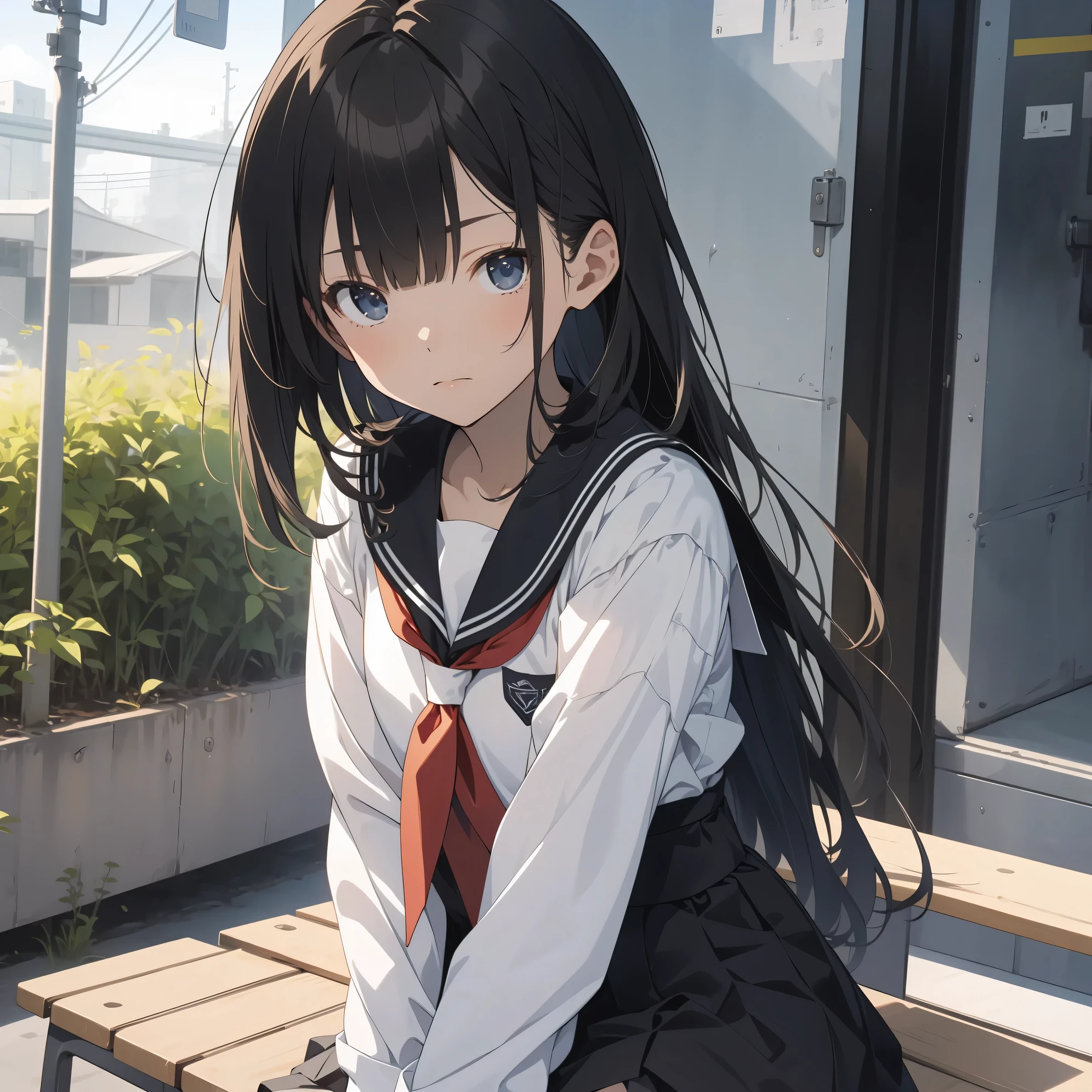 Ultra-highest quality by the art god, super detailed, High resolution, anime moe art style, Best Anime 8K Kona-chan Wallpaper, pixiv contest winner, perfect anatomy, break,(Please sit on the bench and draw a sleepy picture..)break, 1 girl,(alone,little woman,:1.3),All limbs, full finger,, immature charm, (very short hair), bangs, flat chest, Small Bodysuits, small ass, between legs, upward facing eyes, small eyes, black eye, detailed and beautiful eyes, Well-proportioned iris and pupils, expressive eyes, lips with beautiful details, High resolutionの詳細な髪, skirt, pleated skirt, neckerchief, sailor collar, school uniform, serahuku, shirt, (detailed lighting), (detailed background), view from above, On the way to school. break,super dense skin, Best lighting by famous artists, 8k, figure,Hmm, rough skin