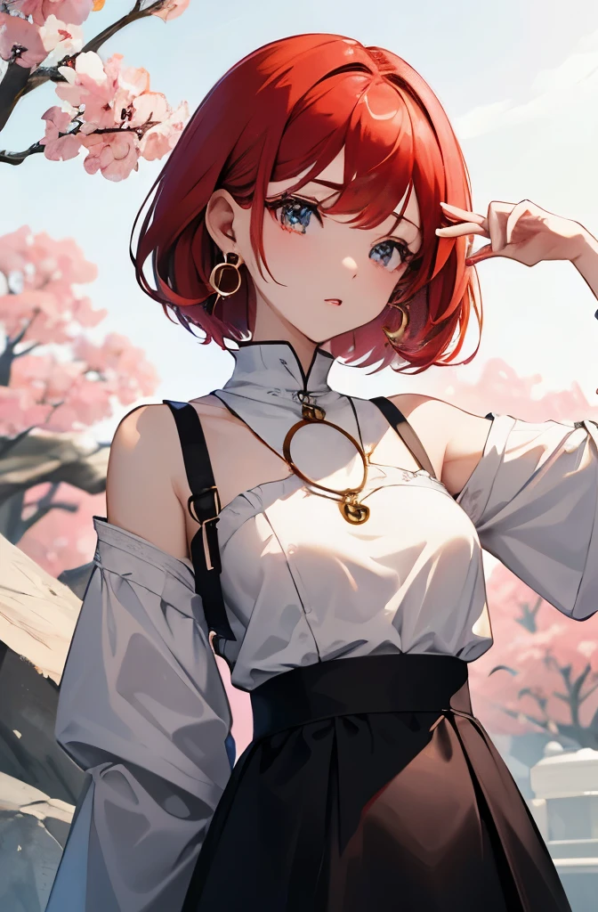 8K, best quality, master piece, ultra-detailed, Super Short Hair、pale red hair、Straight Hair、、double eyelid eyes circle earrings、、small breasts、 Bell Sleeve Sweater、 Long Skirt、square、Arms Up