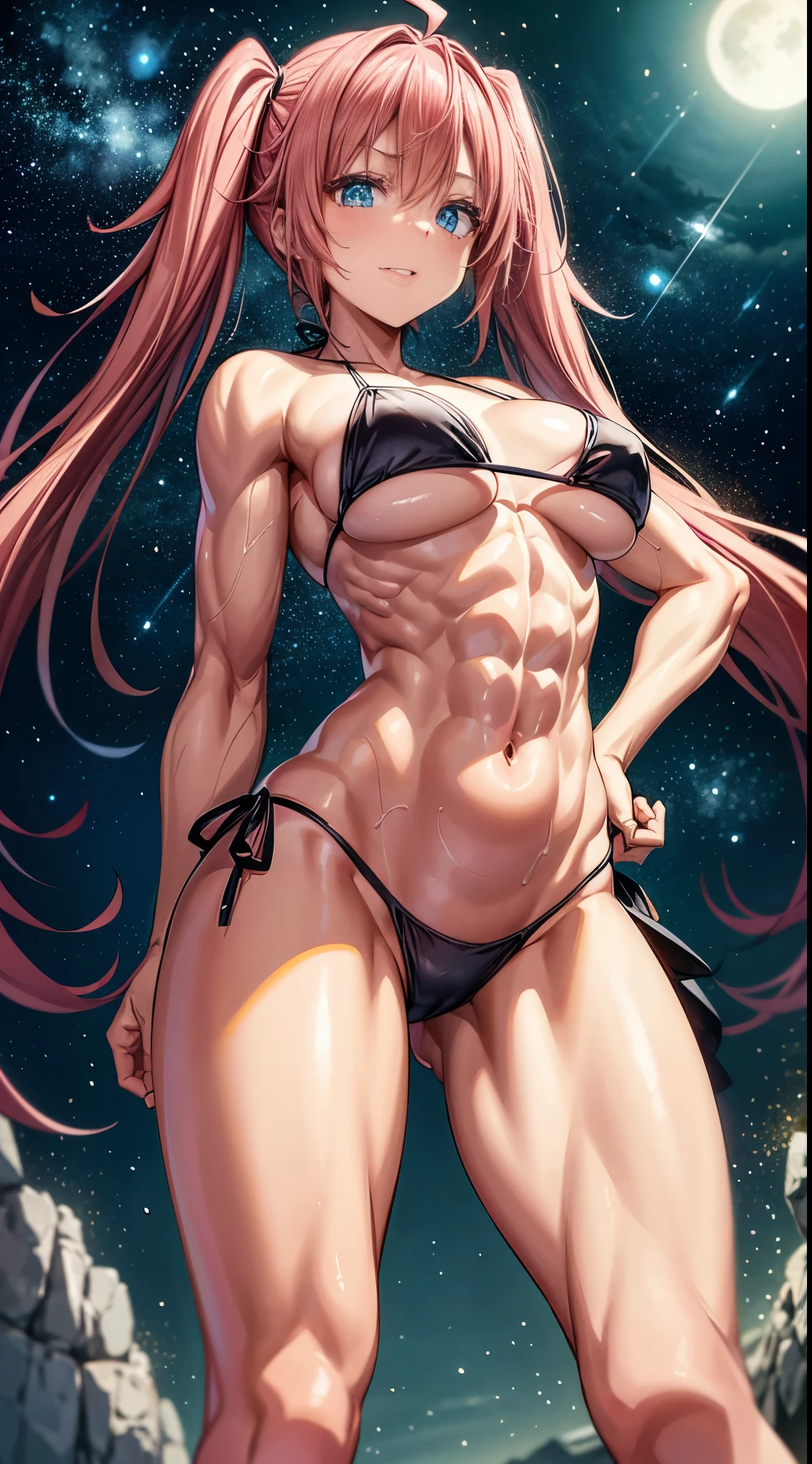 1 girl, (medium breasts))), (((wearing short bikini))), (Long pink hair), (((blue eyes))), thin arms, (on the beach at night with starry sky and full moon blood), (thin waist), (((muscular legs))), muscular belly, barefoot, (((showing me his big ass))), (full body photo), (twintails), long eyes, eye reflex , Bad mood, anime, anime style, ray tracing, reflection, drop shadow, panorama, Sony FE, 8K, UDisk, artwork, Accurate, anatomically correct, Super detail, best quality, ultra-high resolution, Hard drive, 16K