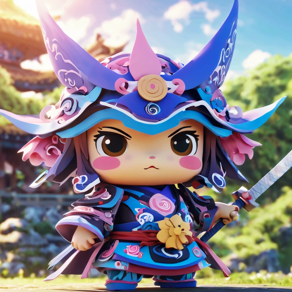 (masterpiece, best quality:1.2), Magical samurai, samurai under magical rissing sun, cute, 3d crunch,