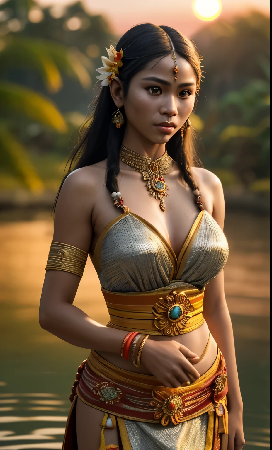 (masterpiece), (very complex: 1.3), (realistic), portrait of a girl, the most beautiful in the world, wearing traditional Balinese clothes (kamen) from the culture of the country of Indonesia, water reflection, upper body, outdoors, hot sunlight , distant custom home , professional photo of a stunning woman with detail, sharp focus, dramatic, award winning, cinematic lighting, unreal engine octane rendering, volumetric dtx, (film grain, blurred background, blurred foreground, bokeh, depth of field , sunset, motion blur:1.3 ), chain mail