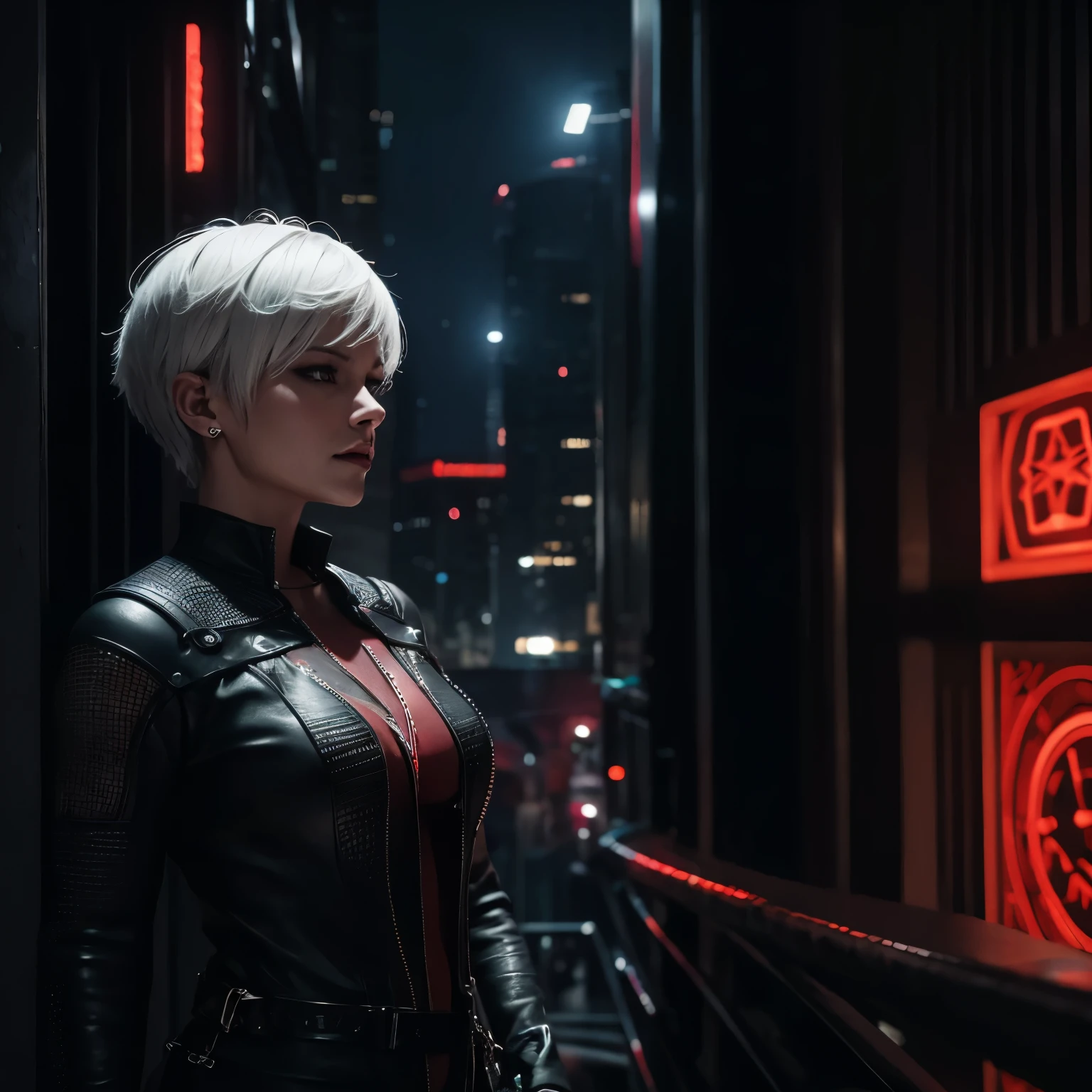 Realistic image of a white short hair muscular adult woman wearing black and dark crimson red indigenous clothing with an evil and malicious expression preparing to kill in a futuristic city at night, cidade cyberpunk macabra, cidade noturna sobrenatural, rugas suaves no rosto, sobretudo estranho, mulher idosa, Estilo cyberpunk, visto da cintura para cima, Foto realista, 4k, extreme resolution, ultra high resolution, dynamic lighting, personagem realista