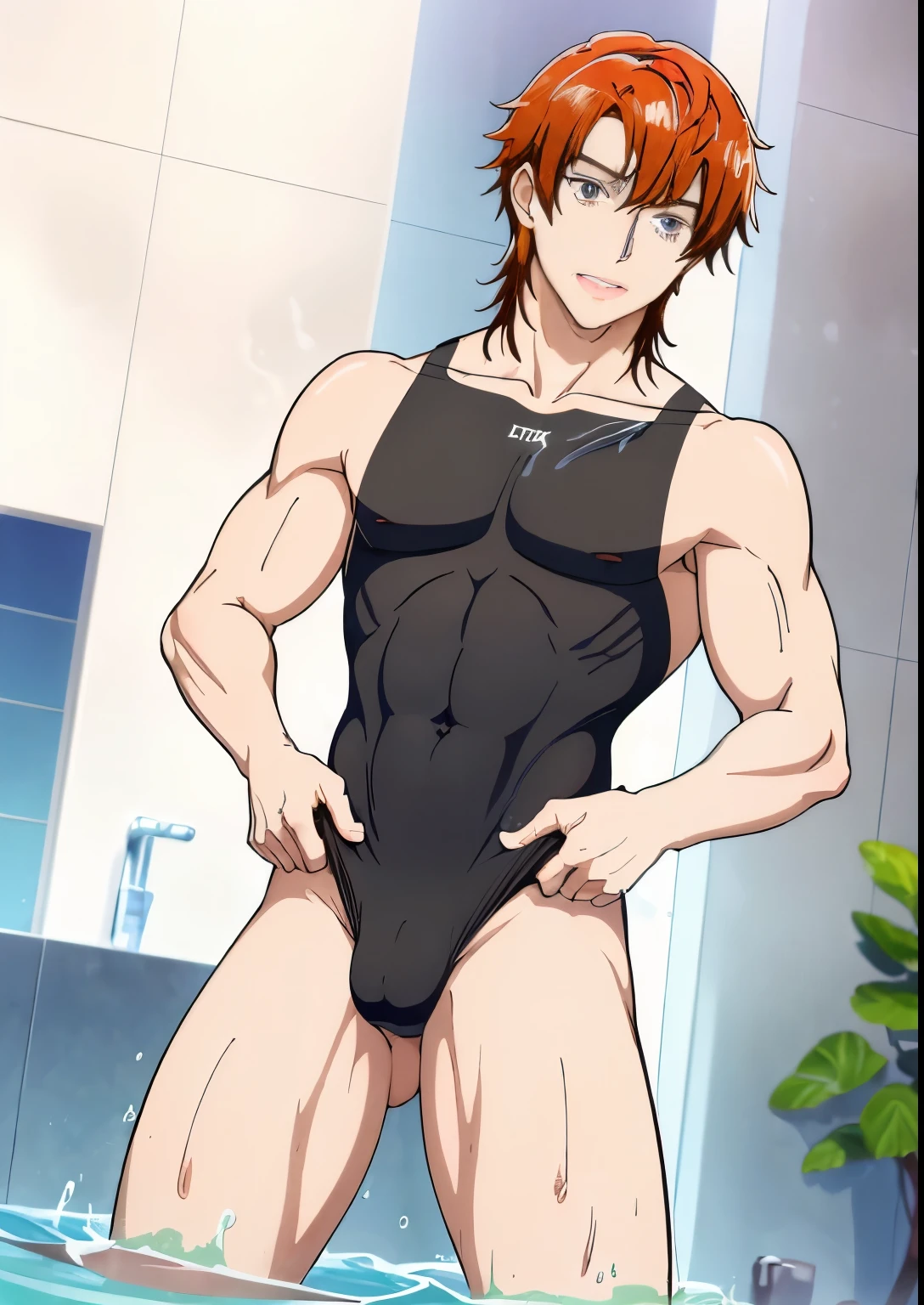 swimsuitを着たアニメの男の子, Short red-haired boy, Brown-haired boy, blue eyed boy, swimsuitを着ている, anime moe art style,  solo, being splashed with water, ぬれたswimsuit, ワンピースswimsuitで, clothing:ハイカットswimsuit, 競泳swimsuit, swimsuit, 黒のHigh legレーシングスイムウェア, 黒のHigh legレーシングスイムスーツ, splash art anime, Tall men, Cool anime boy in black tanksuit, High legレーシングスイムウェア, High legレーシングスイムスーツ, High leg, 水泳競技用swimsuit, bare shoulders, bare legs, male focus,