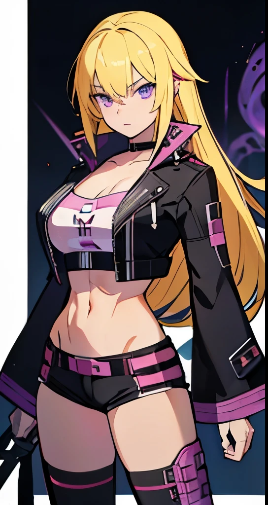 solo, 1girl, (masterpiece), ((17 year old appearance)), yellow hair, long hair, ahoje, spiky hair, medium breasts, purple eyes, ((detailed eyes)), (strong body), (simple black cut  ), black sexy outfit with white details, Staring at the screen, pink lipstick, (blurred background), purple flame effect, visible midriff, oversized black shorts, navel, (collarbone)