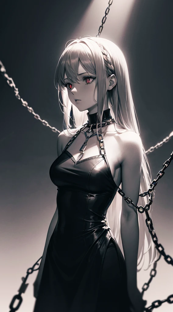 masterpiece,1 girl,long silver hair,red eyes,black dress,chains wrapped around the body, caught in chains,Wrapped in a shining chain,high fantasy,anime art wallpaper 4k,(high contrast),mysterious atmosphere,mysterious light,fantastic background