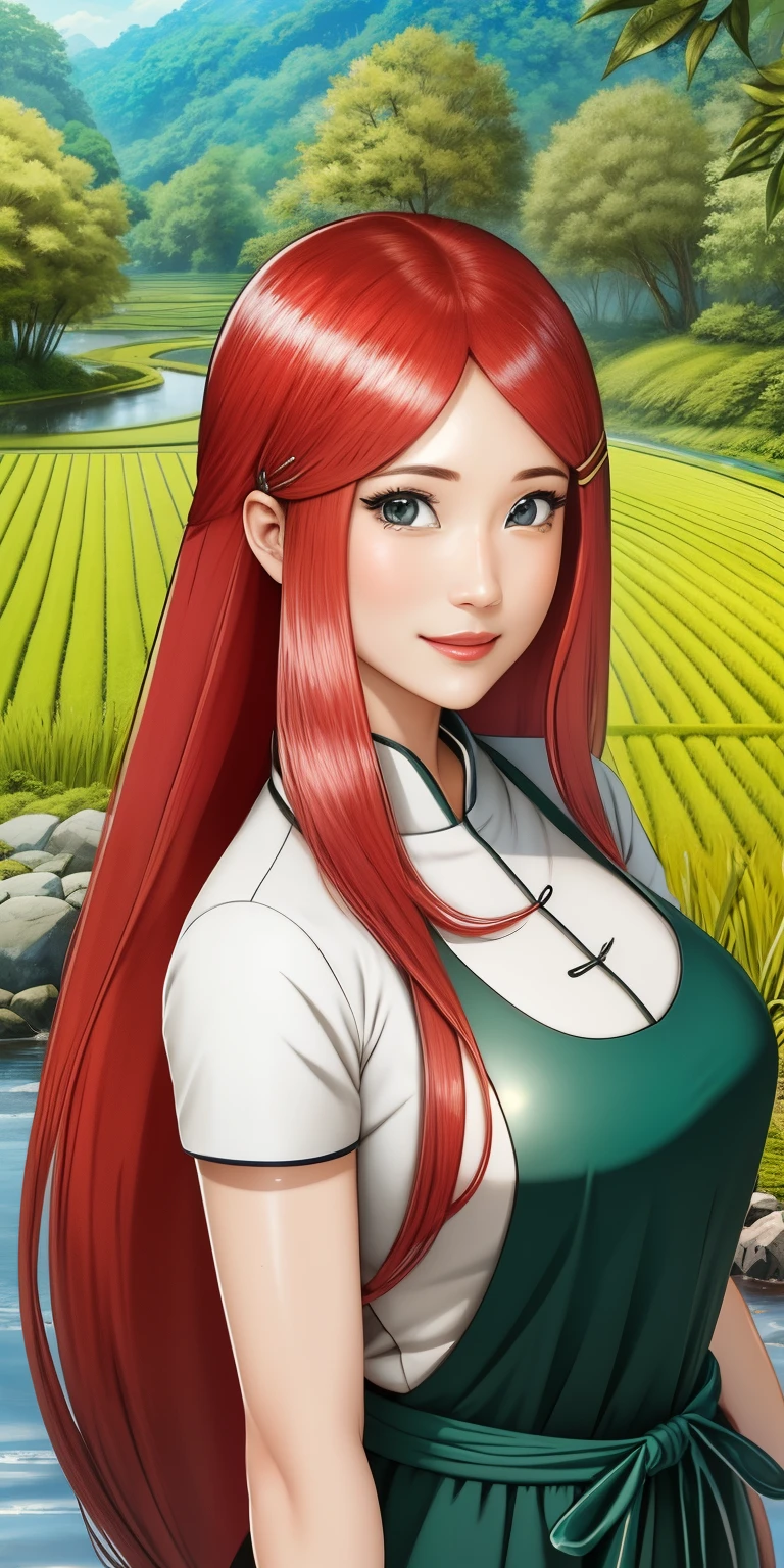 Uzumaki_Kushina, big_chest, stand, alone, Kushina_green_set, Masterpiece, best quality, detailed face, Detailed eyes, height, smile, Ghibli, view, background, (Masterpiece:1.4, best quality:1.2), cute, (beautiful eyes, Beautiful face), Anime screen capture, (height), (detailed illustration), very detailed, sunny day,
midi, look at viewer, from low,
outdoor, country view, summer rice field, The stream is shallow and narrow.,