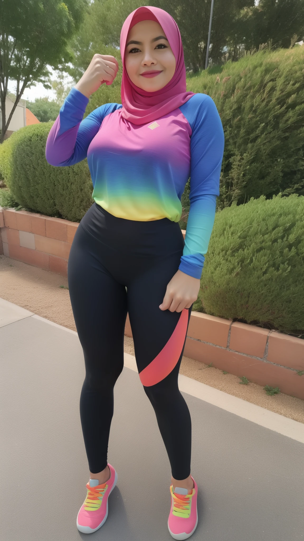 Malay woman stands in a gym outdoors in a bright outfit, Workout clothes, consisting of two parts, fit curvy physique, Wearing Fitness Gear, Fit Pic, Bright, multicolor, Cute sportswear, Cottagecore!! fitness body, taut clothes, full figure, slender waist and thick hips, Peach and Goma style, sun setting, gorgeous lady, Seductive expression, Multicolored