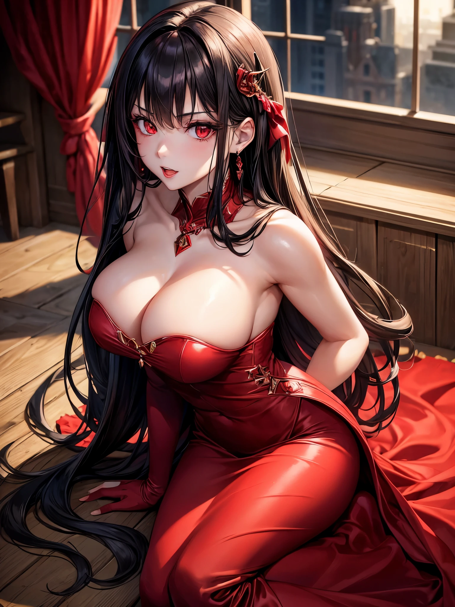 1girl, beautiful, vampire goddess, brunette very long hair, red eyes, sexy body and big breast, wearing a sexy red dress, ultrasharp, looking at the viewer, ((best quality)), ((masterpiece)), (detailed), perfect face,