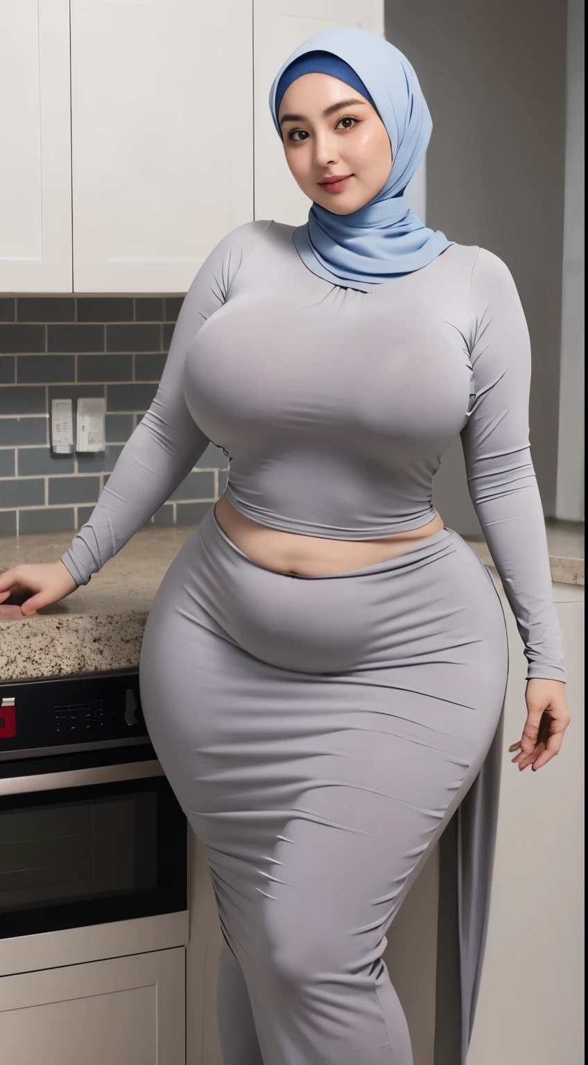 Kitchen,woman in a hijab, she has a jiggly round belly, thick body, thick neck, her belly is and round, skinny waist and thick hips, curvy figure, curvy hourglass figure, thick, , wide hips, hourglass figure, wearing tight simple clothes, bbwchdress long slevees