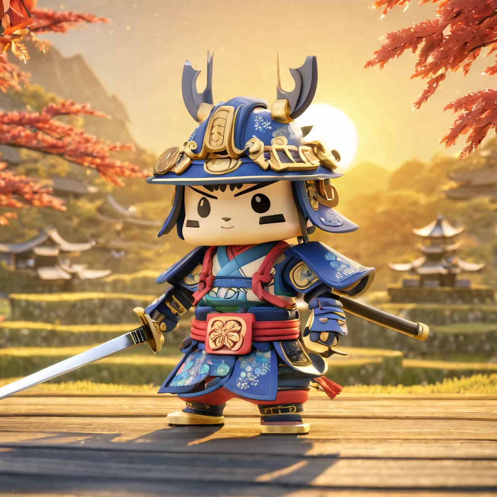 (masterpiece, best quality:1.2), Magical samurai, samurai under magical rissing sun, cute, 3d crunch,