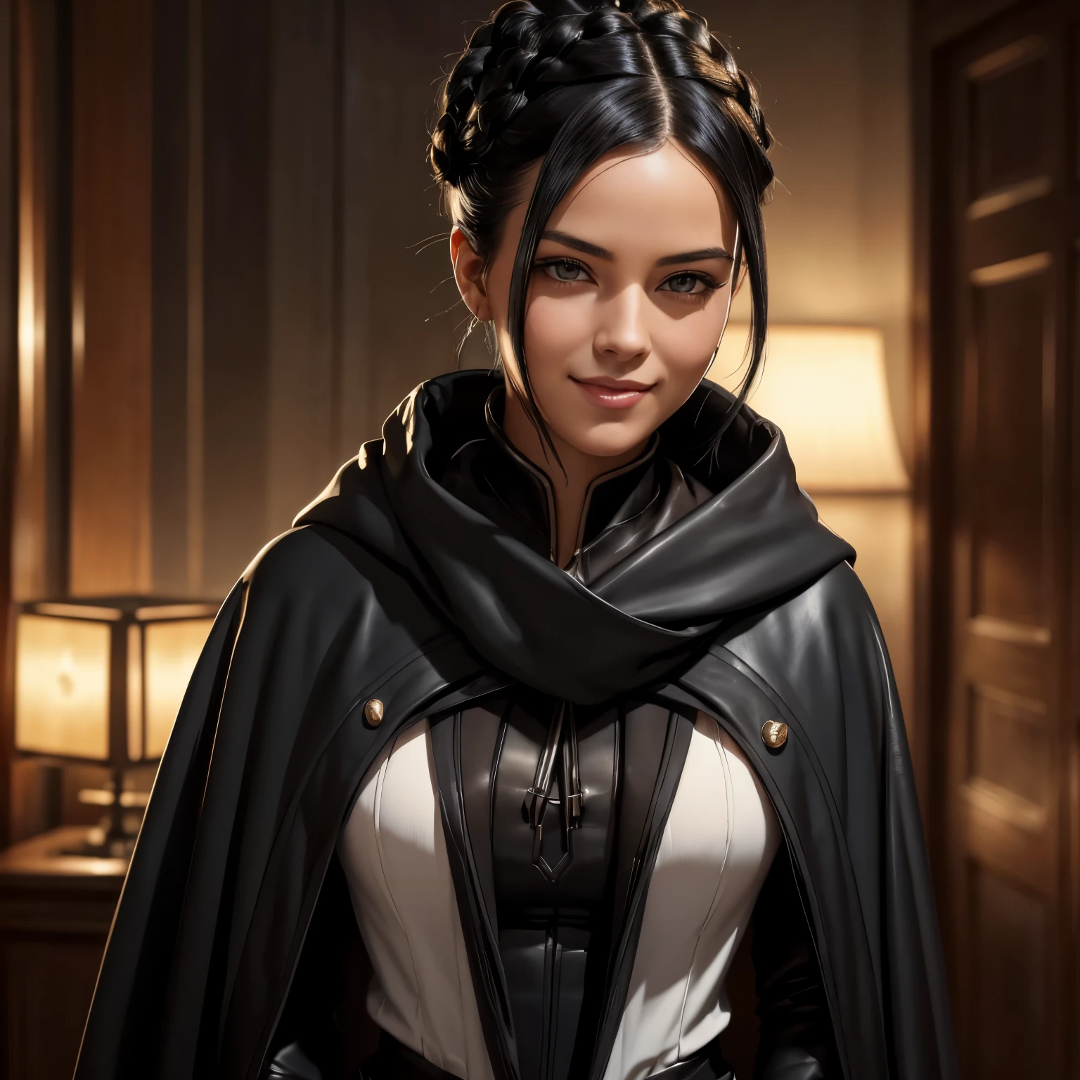 "Sexy and confident professional assassin in 19th century Britain. She has sleek black hair styled in a neat braided bun and a comforting smile. Dressed in Assassin's robes, she covers her entire body with no bare skin, complete with leather gloves and boots. The woman has a distinct British charm."