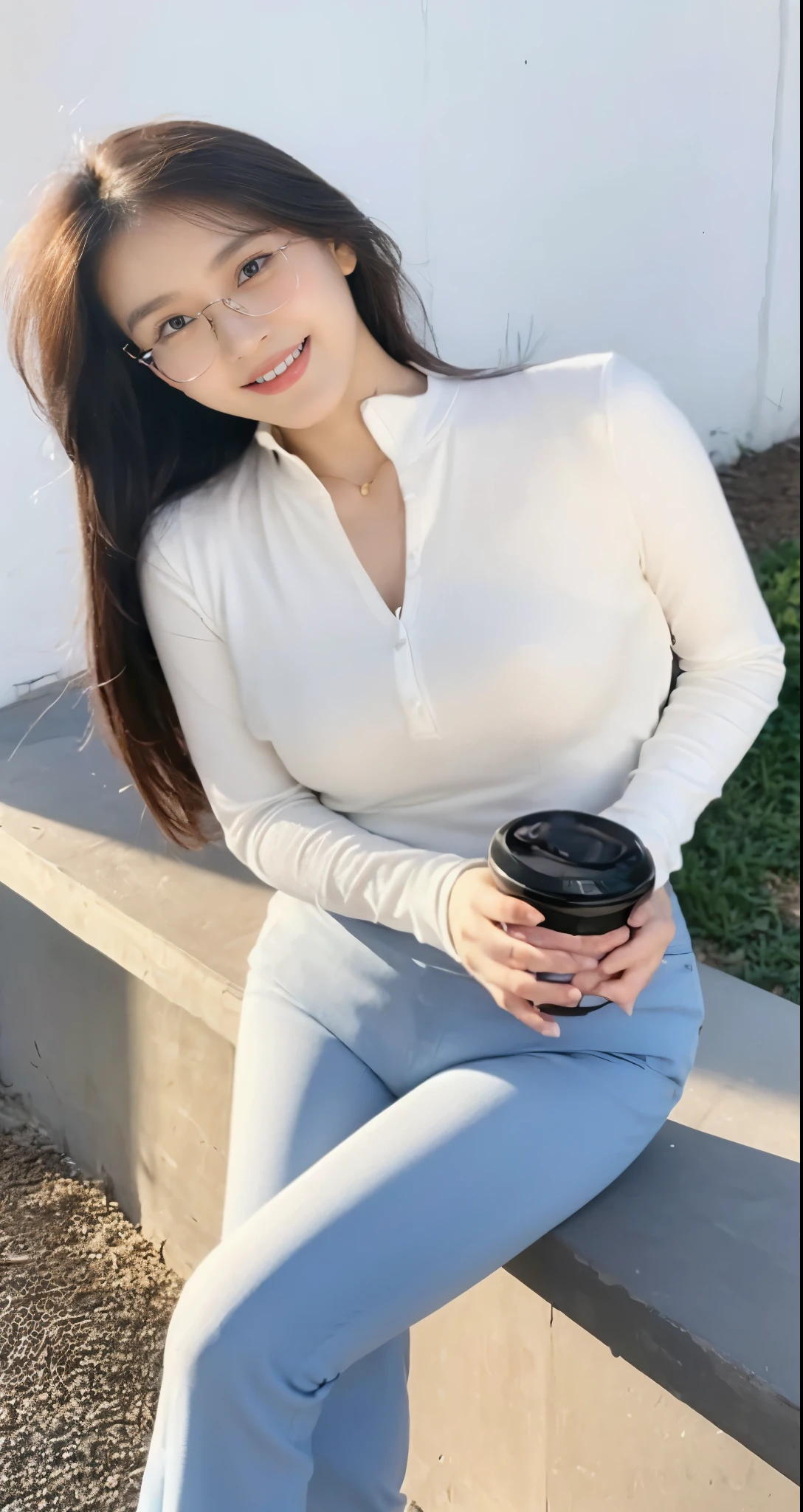 ((Masterpiece, Top image quality, high resolution、alone、skin shiny))(on the table, best quality, actual, super detailed, meticulous, high resolution, 8k wallpaper), Close-up portrait of a beautiful woman, like, smiling, light brown messy hair, Perfect dynamic composition, 美丽meticulous的眼睛, Just like the cover of a fashion magazine, on campus,wearing gold glasses
