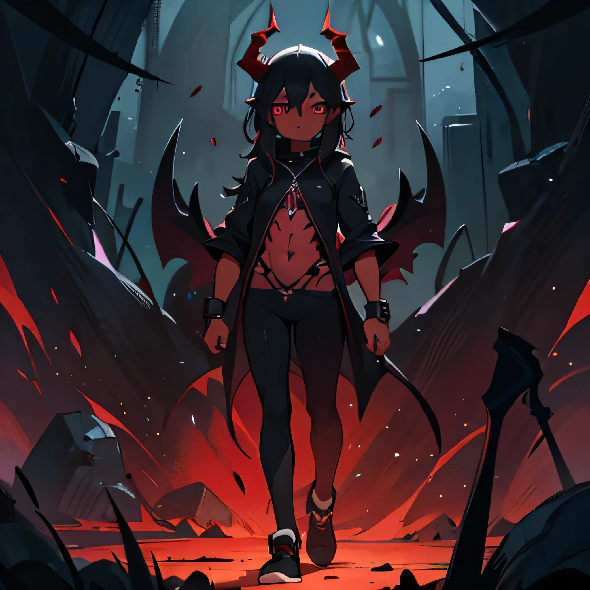 Night Gaunt whole body Standing picture red eyes muscular devil's face black skin black clothes