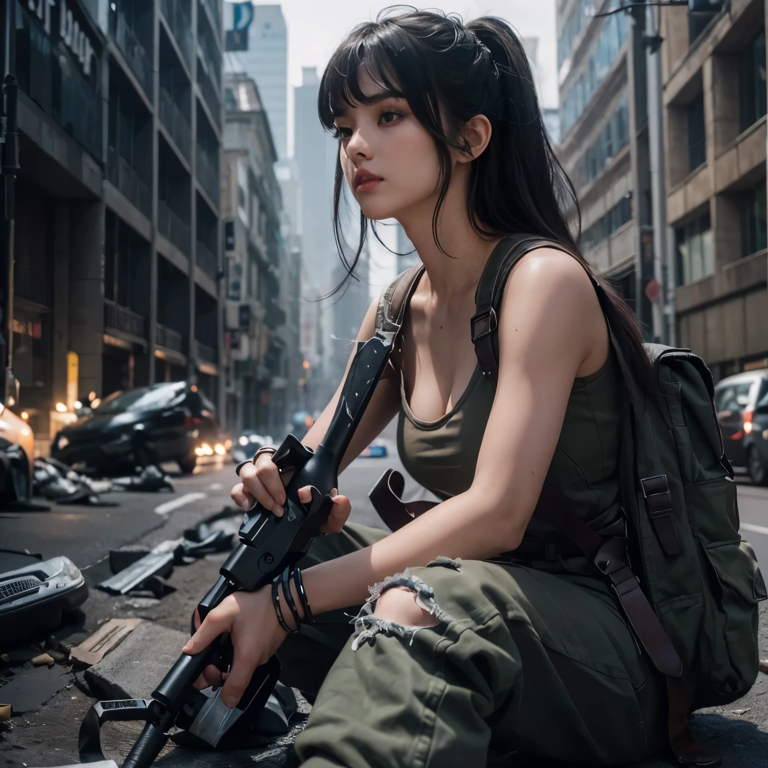 (((hair bang))) ((hand correction)) (holding weapon correctly) ((perfect hand anatomy)) (((PERFECT FINGERS ANATOMY)) BEAUTY FACE (RIGHT EYES DIRECTION) good nose shape