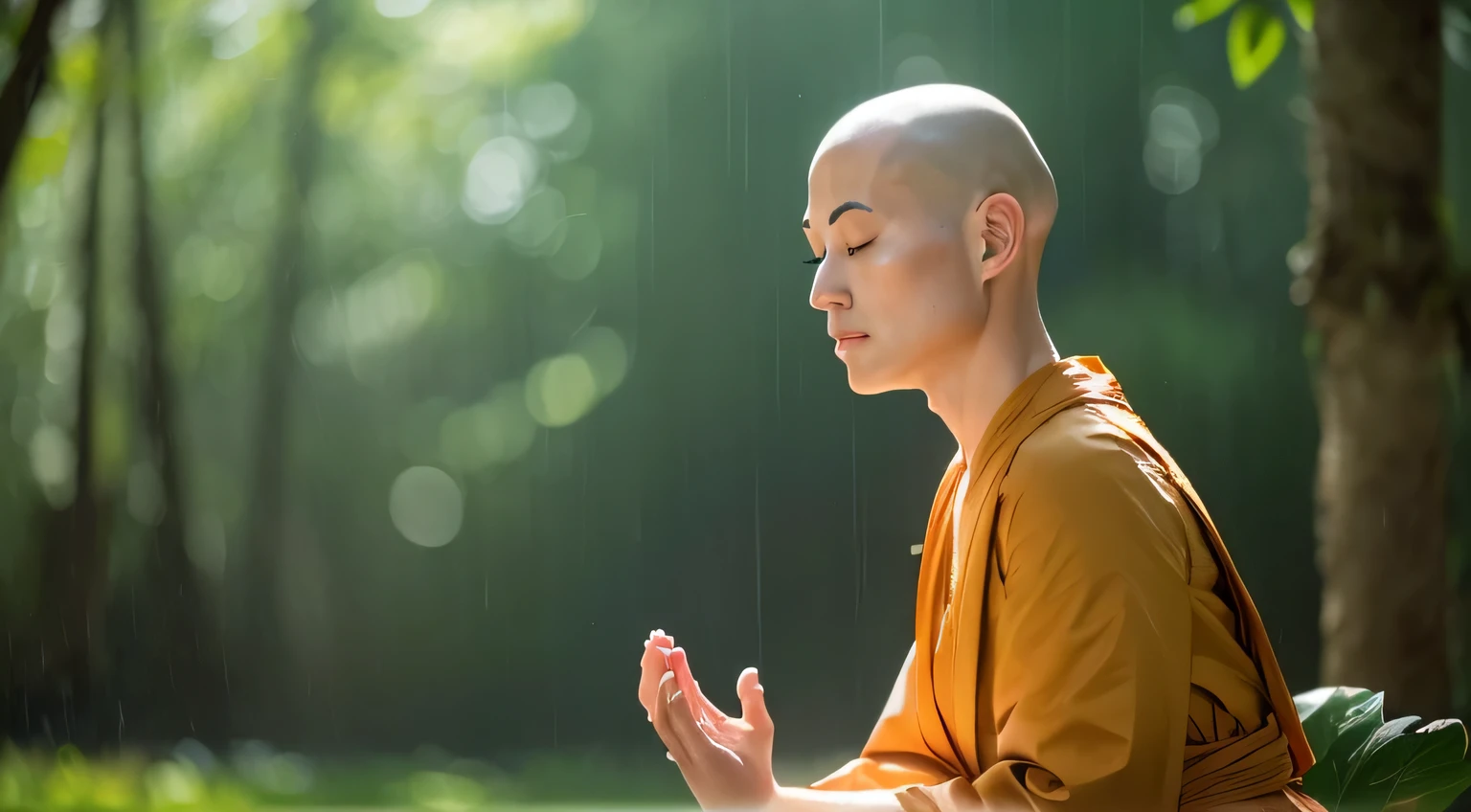 highest quality、highest quality、realistic、unity、8k wallpaper、official art、Highly detailed CG unity 8k wallpaper、Super detailed、High resolution、Physically based rendering、Super detailed,growing up, finely,The only handsome monk, (no hair:1.3), (close your eyes:1.4), (meditating), (The face tends to be a little downcast), (back correction),slim face, beautiful young monk, highly detailed face, very beautiful face, fine eyes, view, blurred background,  (Front view:1.3), (monk&#39;s robe:1.3), (Don&#39;show as little skin as possible), (Sit and meditate in the lotus position:1.3), (Stay away from the camera）, (Facing the camera forward）, frontage, slim face, In the rainforest, professional lighting, (illuminate the face:1.3)