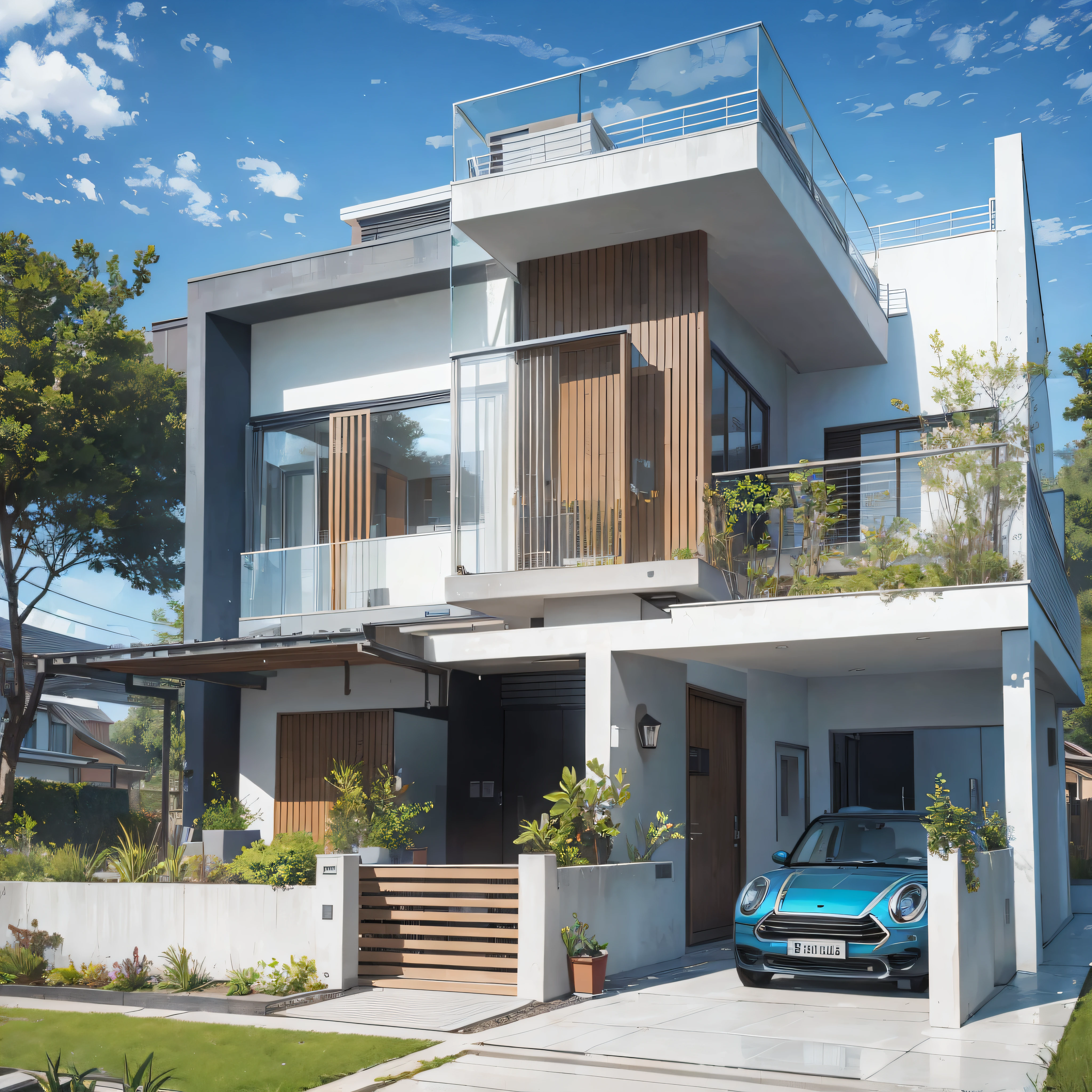maison moderne d'a floor, avec parking, Passerelle, porte en verre, Detail, paysage, cascade, mini piscine, --auto --s2