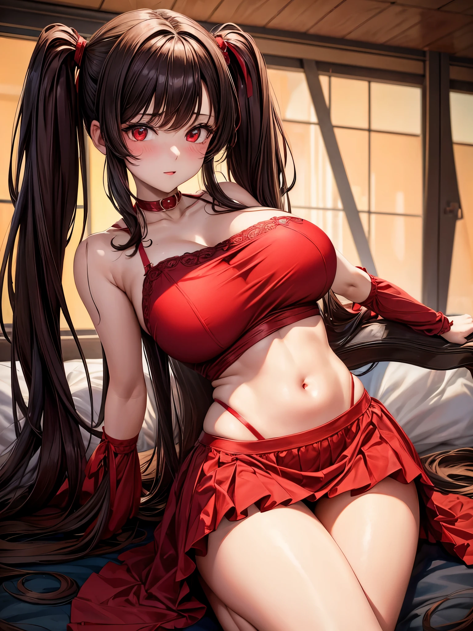 1woman, brunette long half up pigtails, red eyes, sexy body and big breast, wearing a sexy red dress, ultrasharp, looking at the viewer, ((best quality)), ((masterpiece)), (detailed),